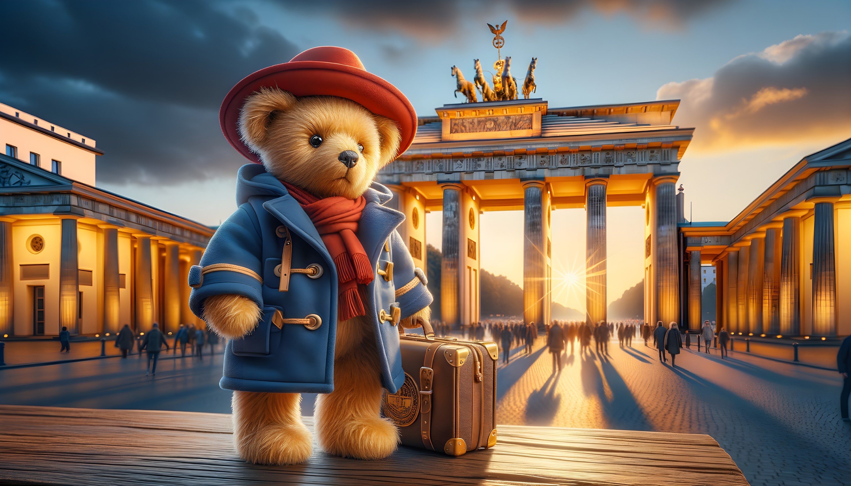 Travel-themed Teddy Bear at Brandenburg Gate Sunset Scene