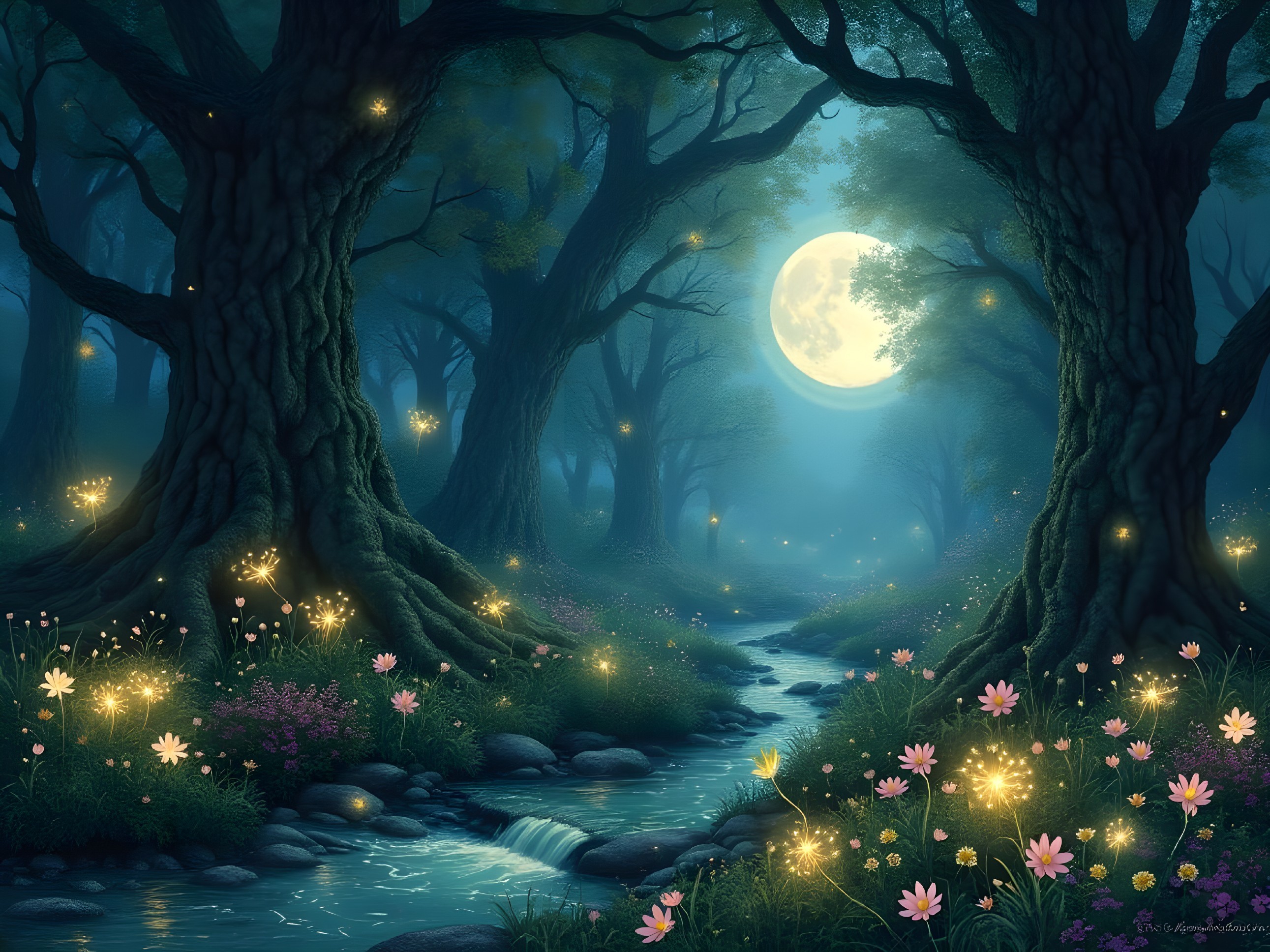 Mystical forest with moonlit trees and vibrant flowers