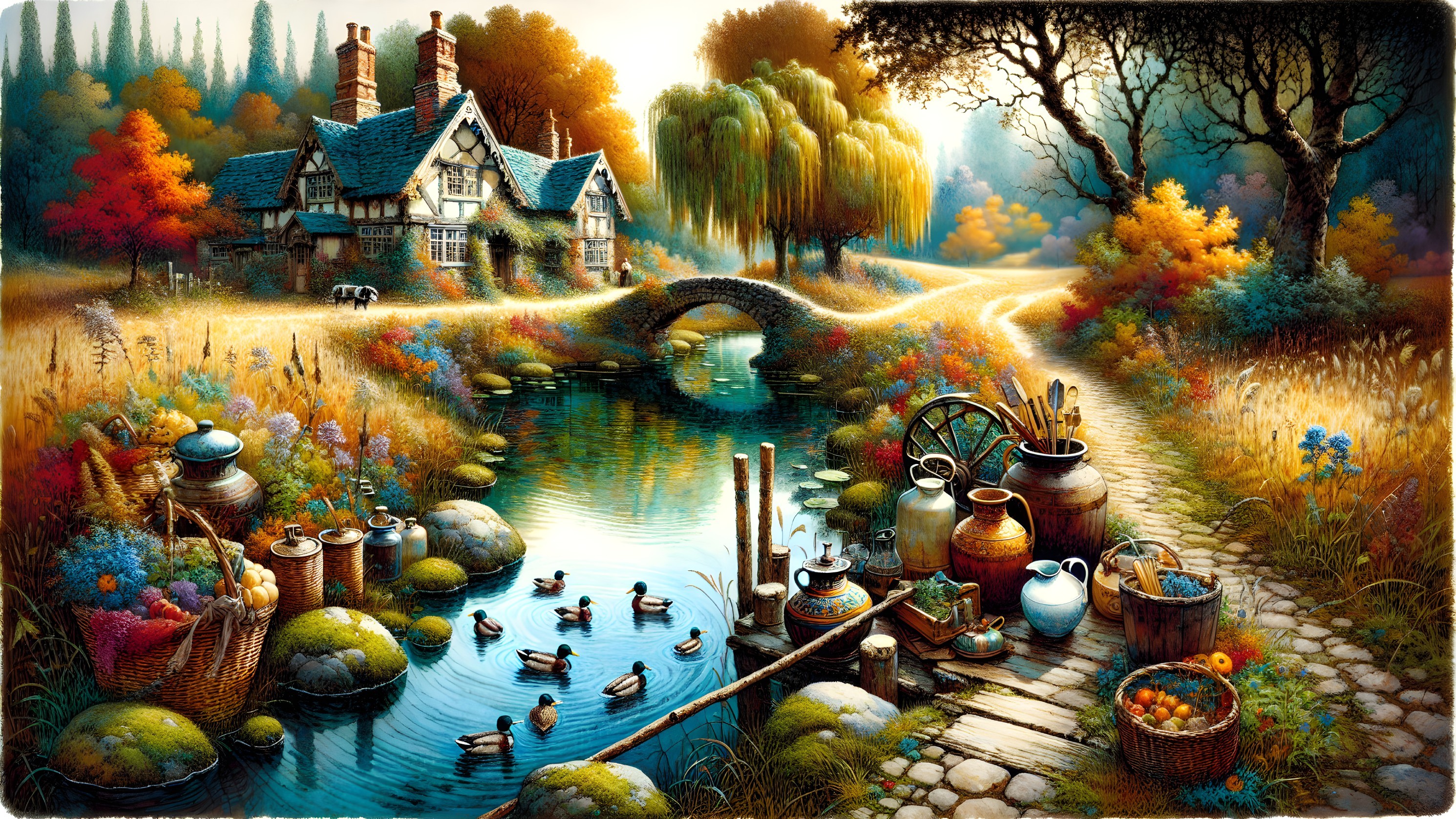 Charming Countryside Scene with Cottage and Stream