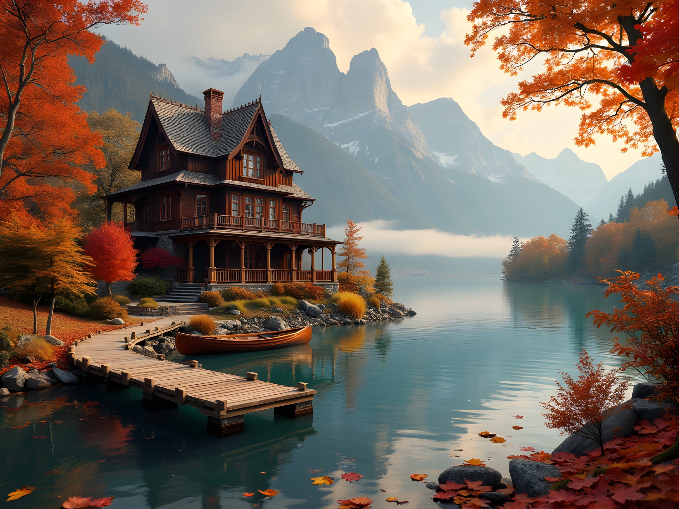 Wooden Cabin by Tranquil Lake in Autumn Foliage