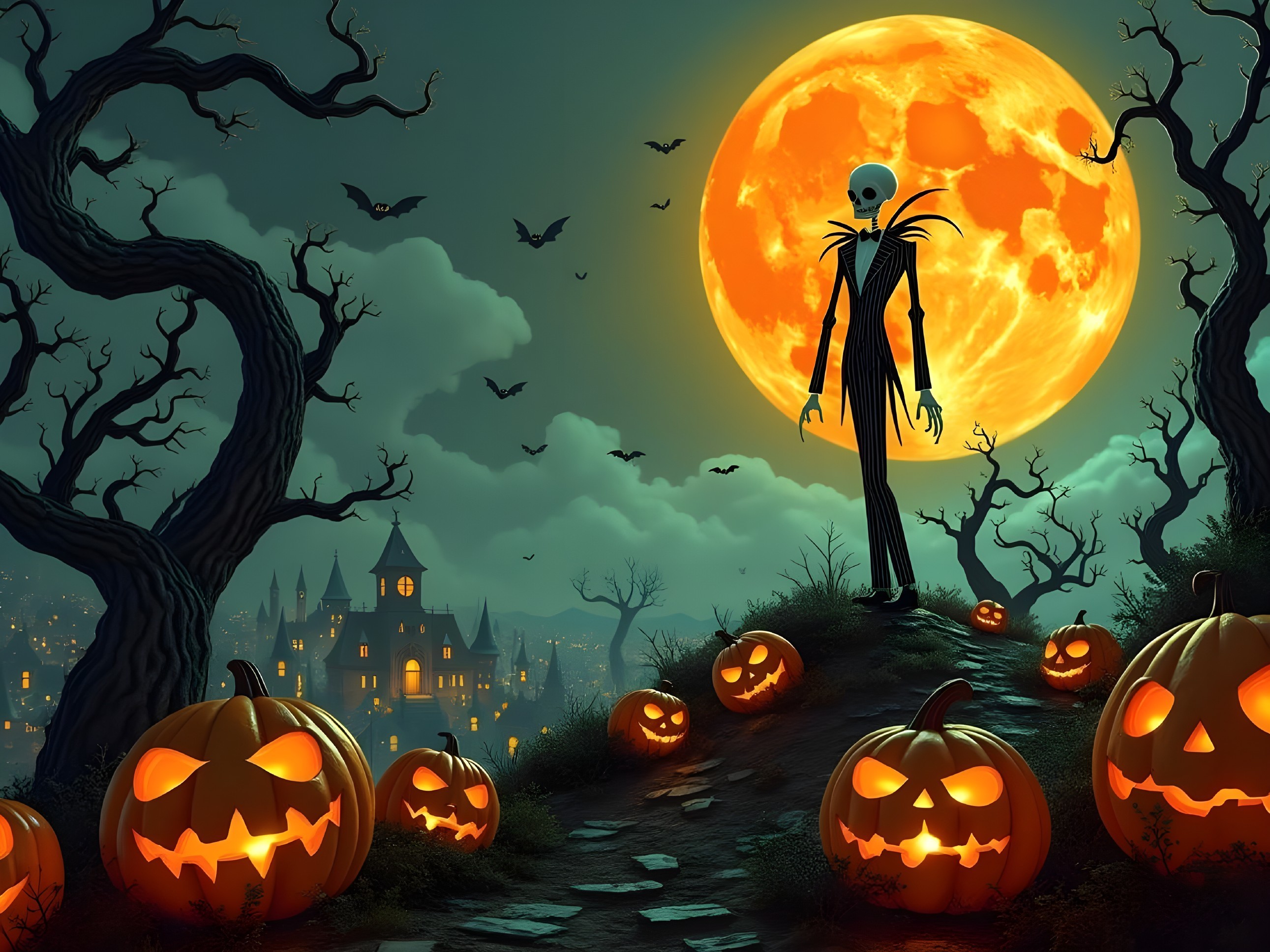 Skeletal Figure Under Orange Moon with Pumpkins and Bats