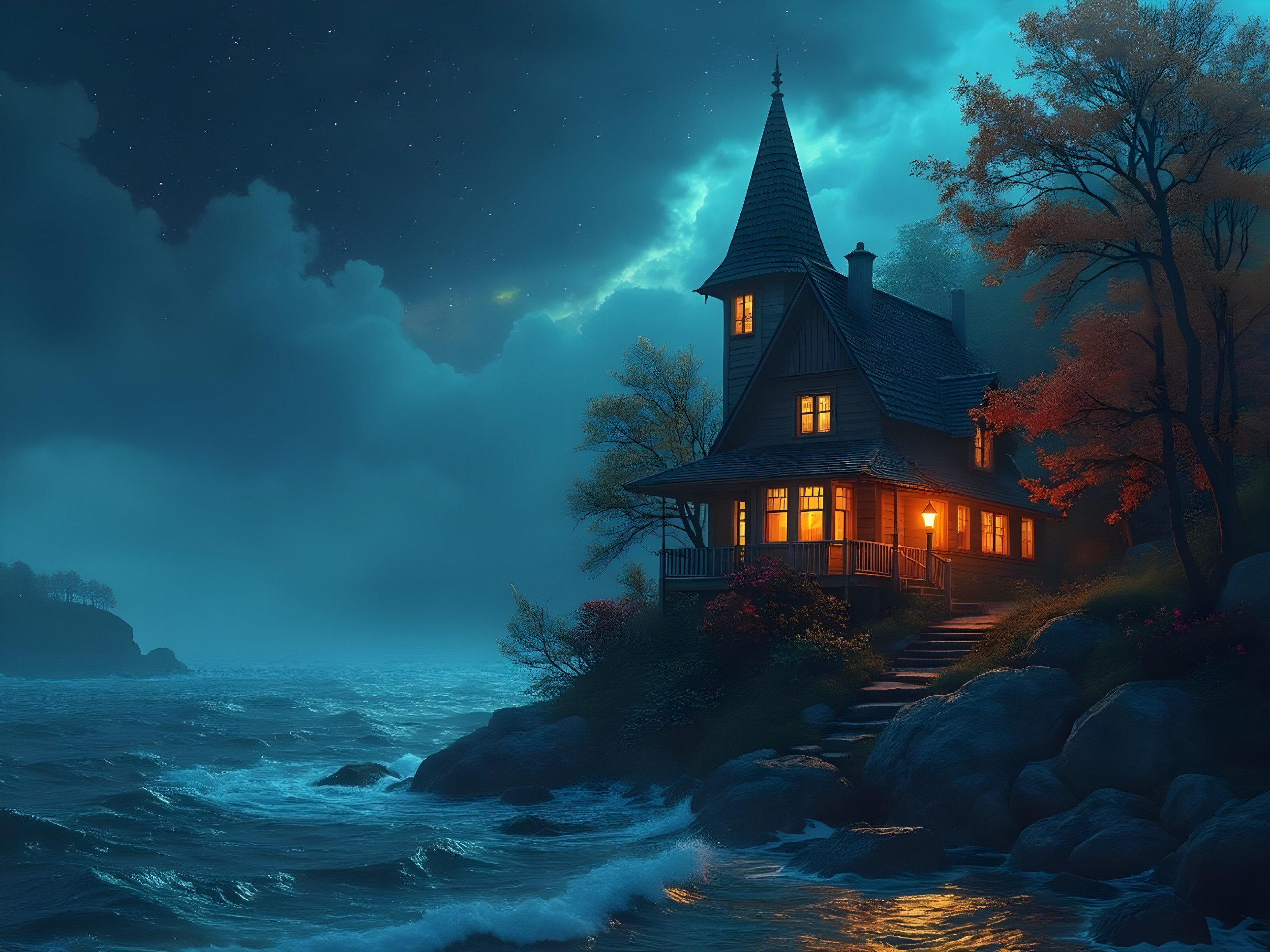 Moonlit Scene of House on Rocky Shoreline