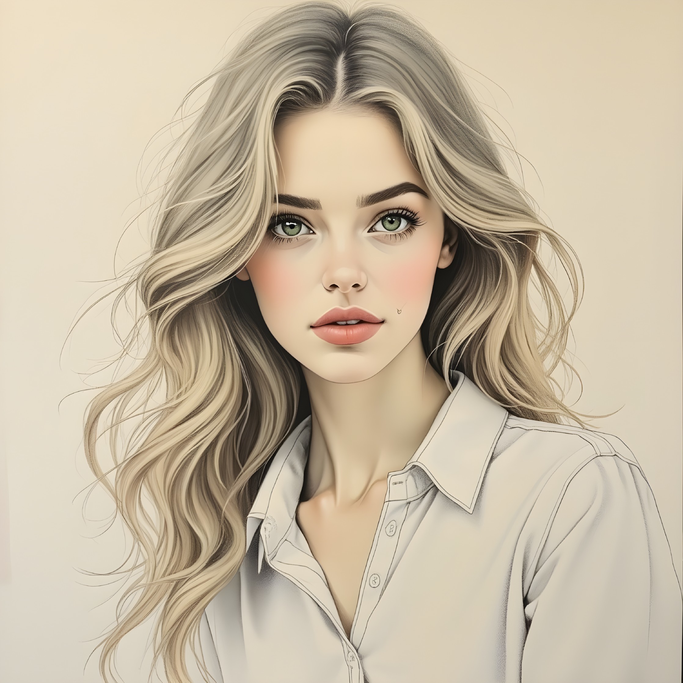 Portrait of a young woman with blonde hair and green eyes