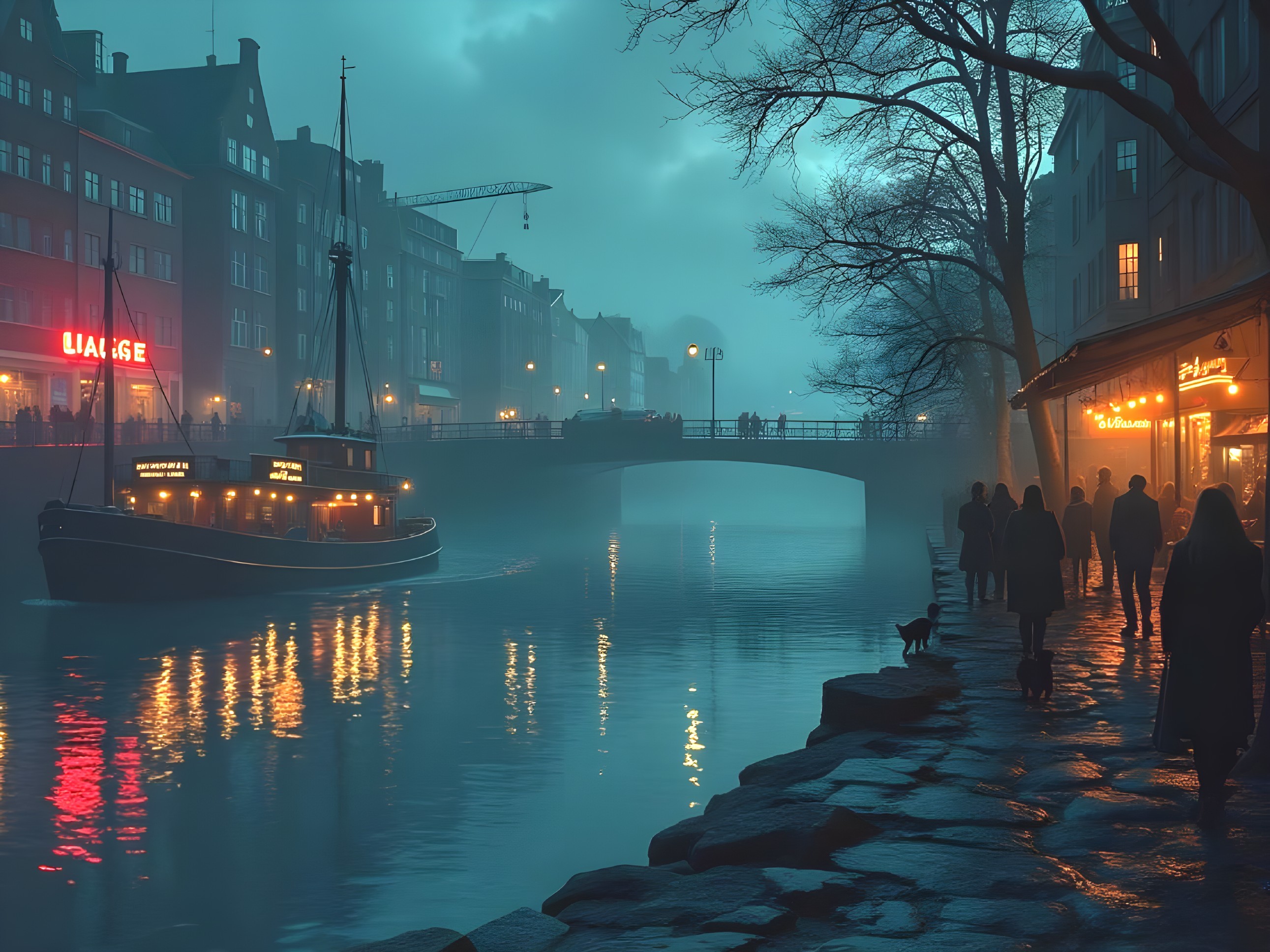 Serene Night Scene by a Misty Canal with Soft Lights