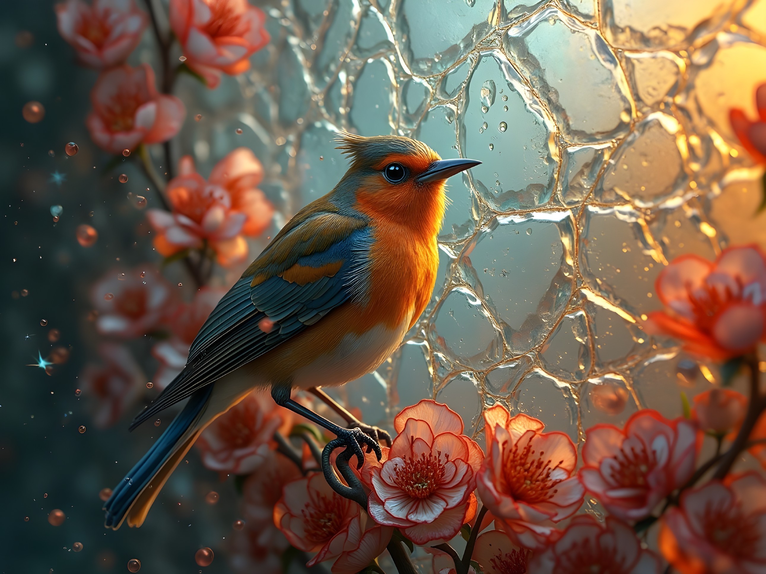Vibrant Bird on Branch with Pink Flowers and Glass Window
