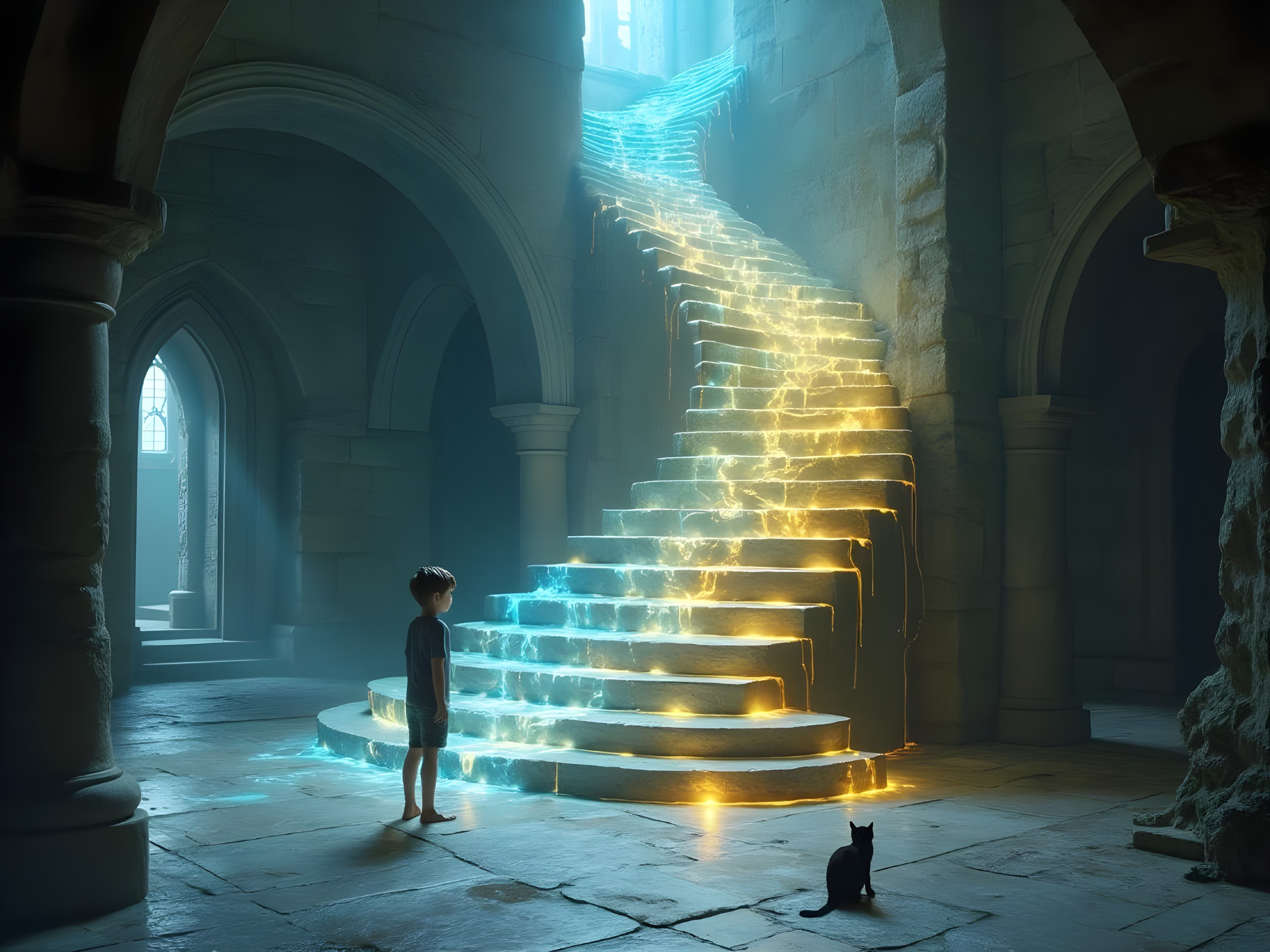 Child in a dimly lit stone chamber with a staircase