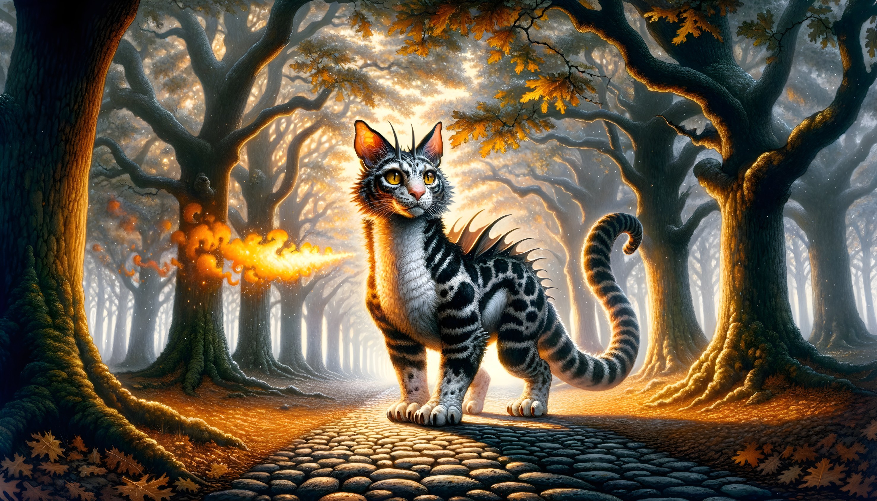 Fantastical Cat in a Mystical Forest Setting