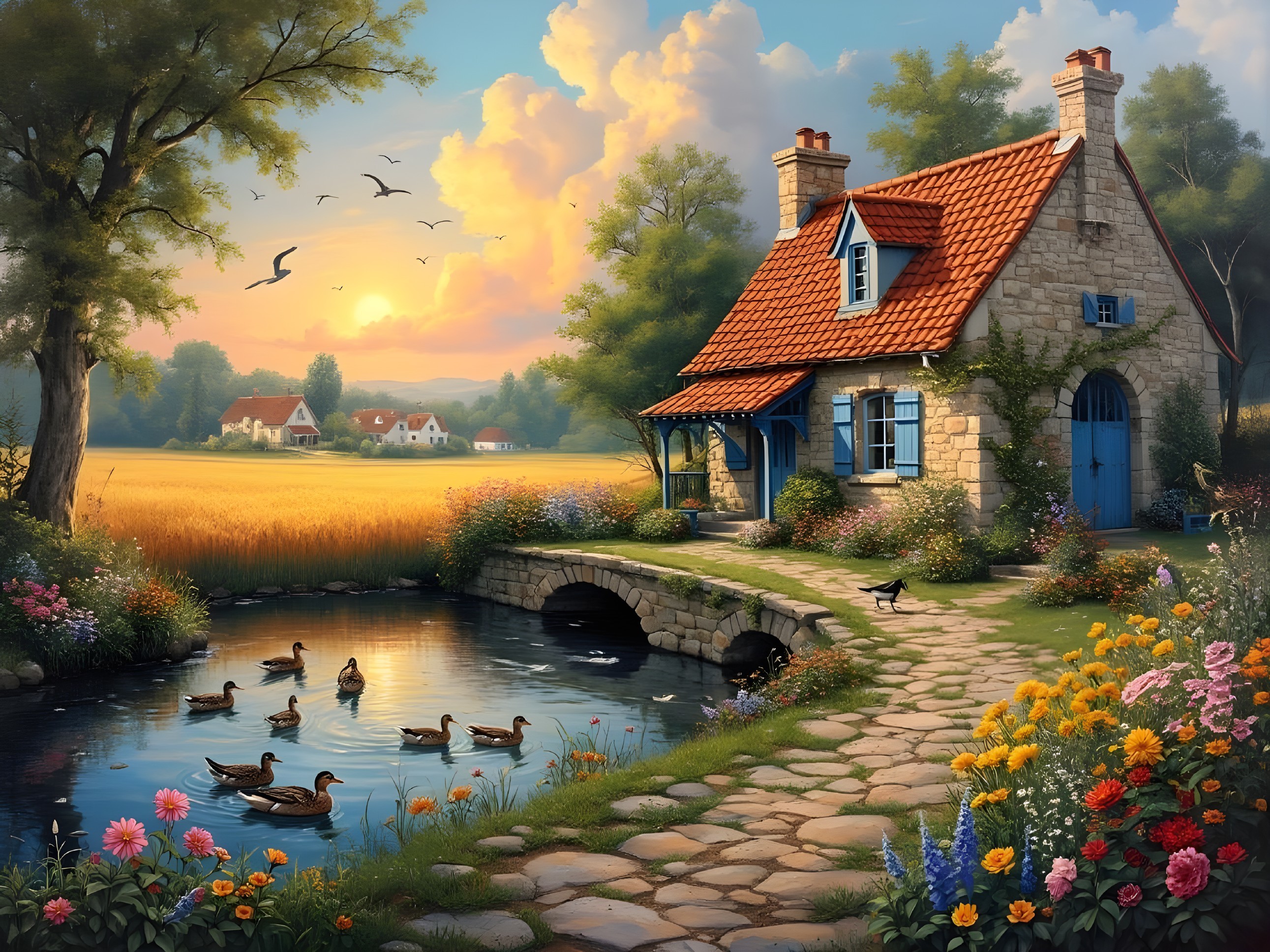 Charming Stone Cottage by a Serene Pond at Sunset