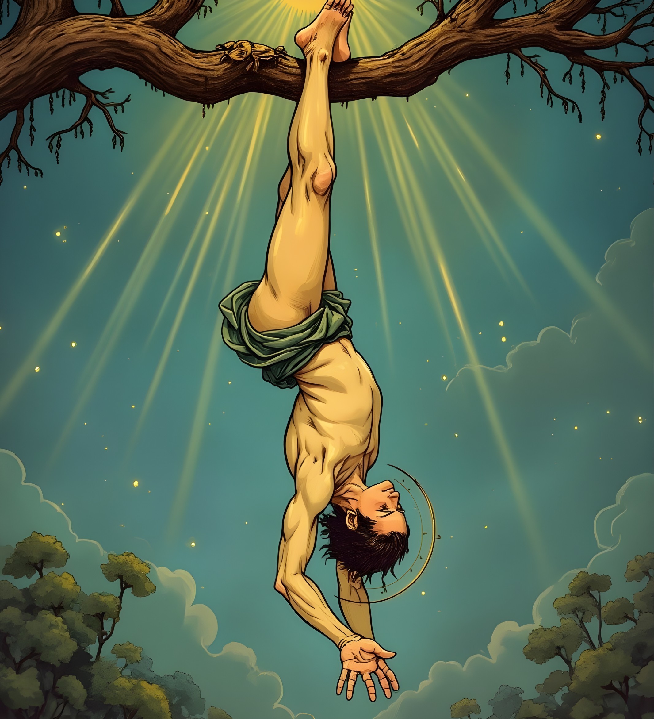 Young man hanging upside down from a tree branch