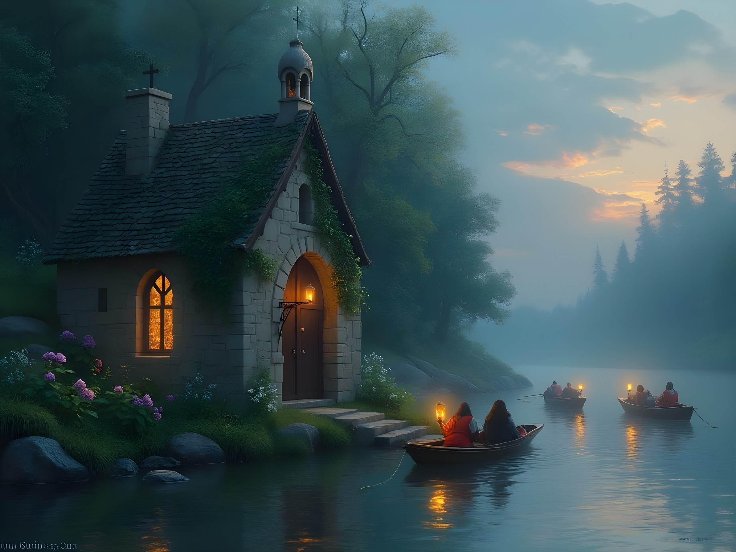Twilight Riverside Scene with Chapel and Lanterns