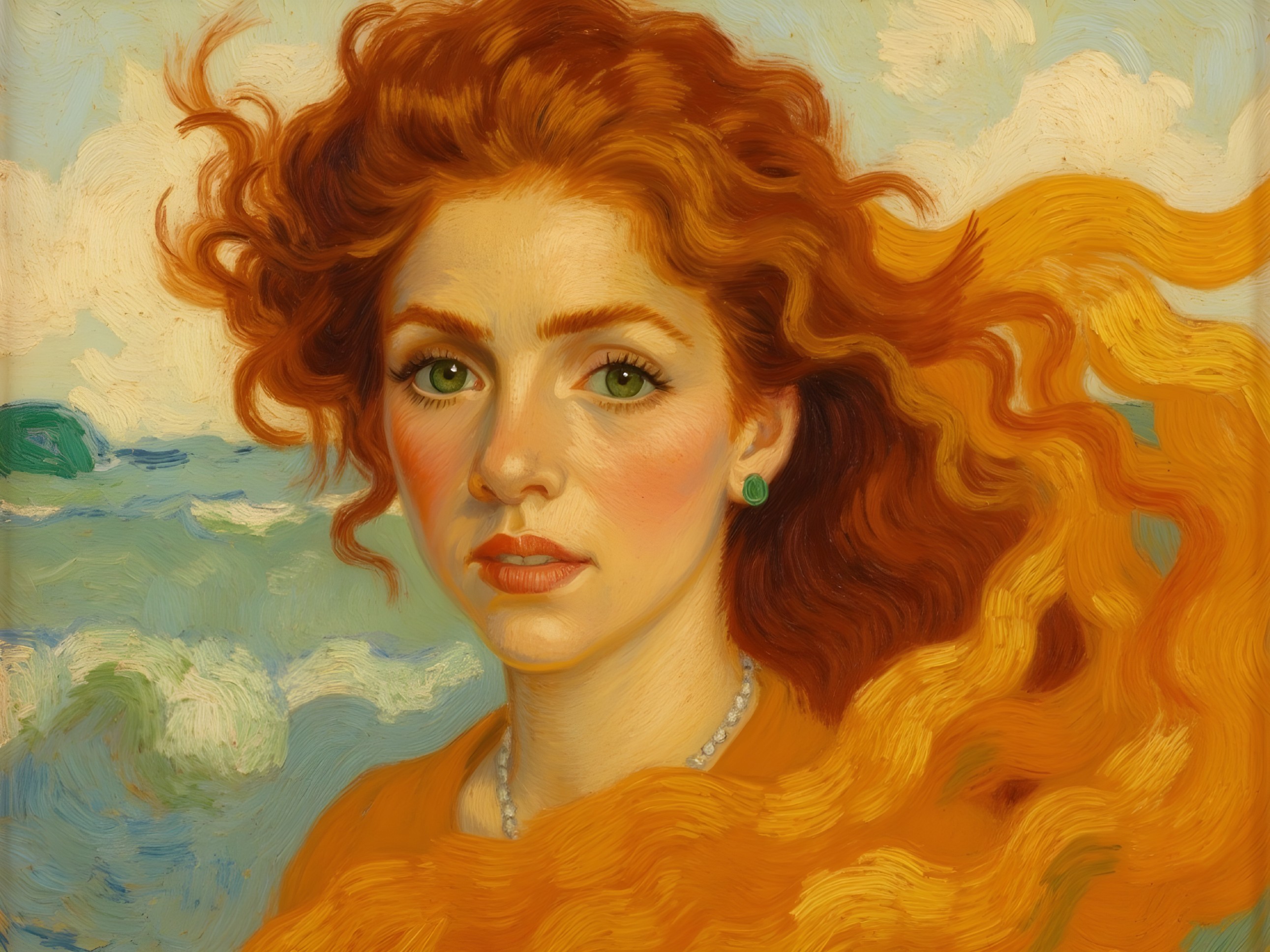 Portrait of a Young Woman with Red Hair by the Ocean
