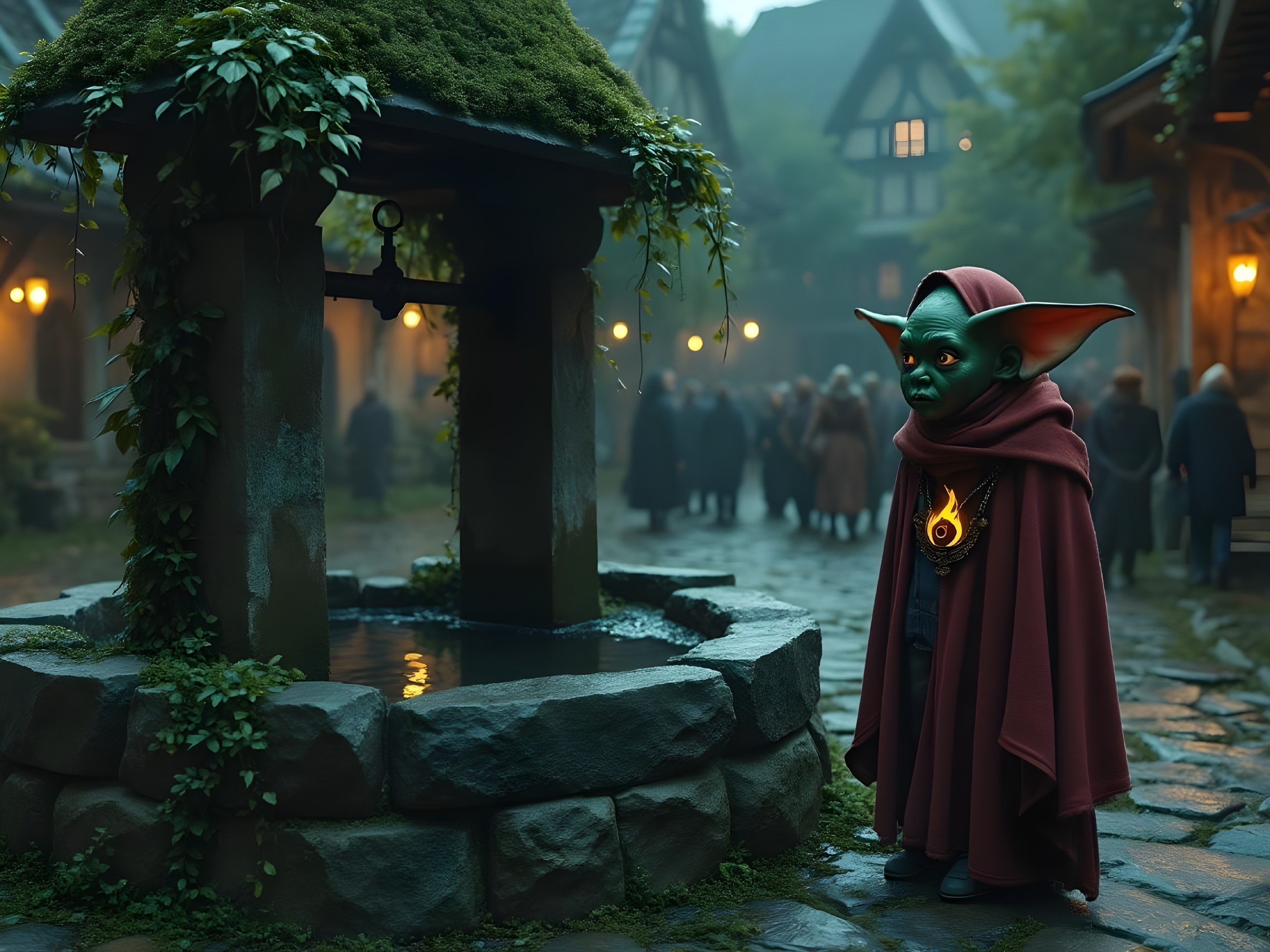 Misty Village Scene with Green Creature by Stone Well