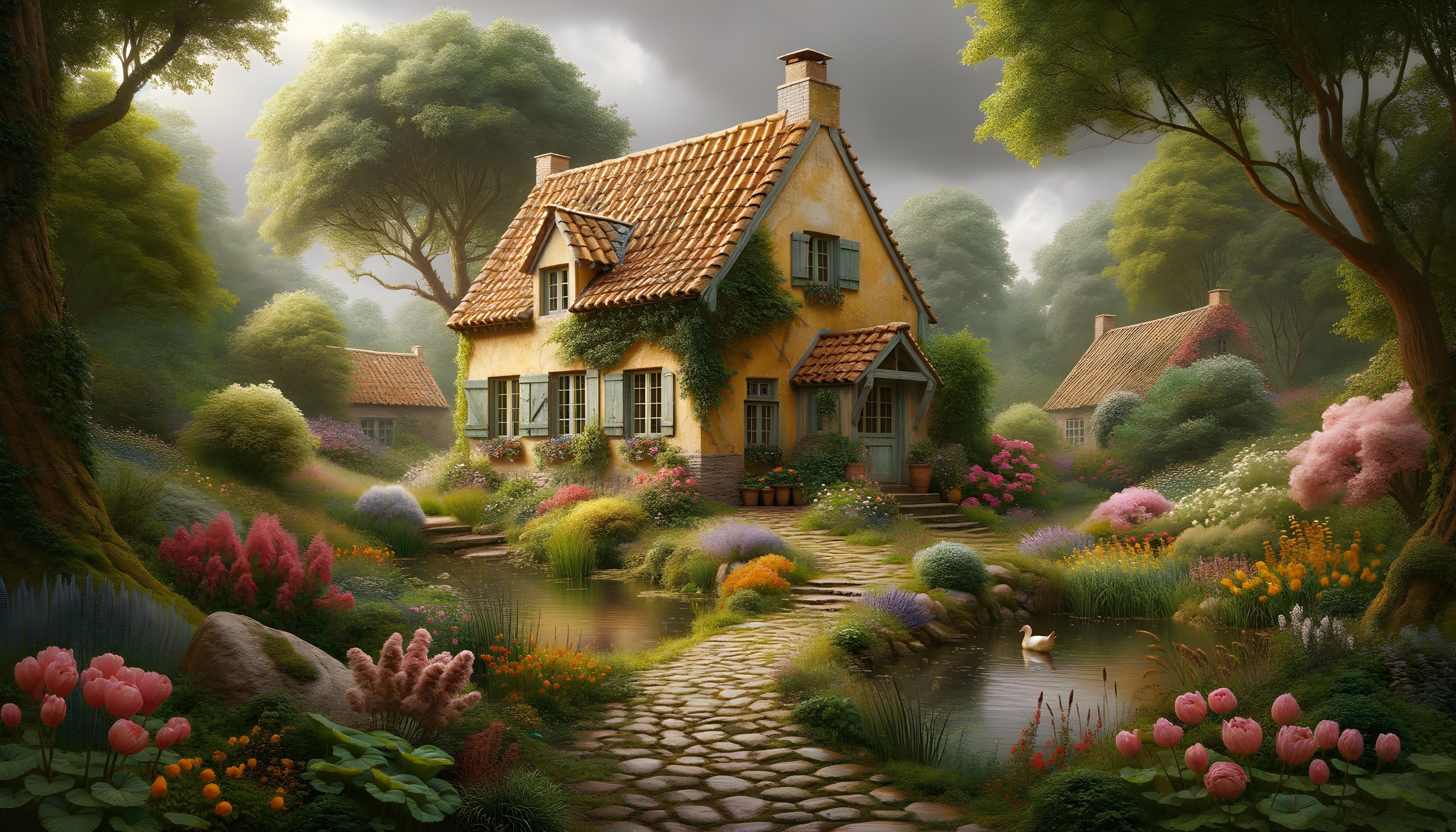 Charming Yellow Cottage Surrounded by Vibrant Garden