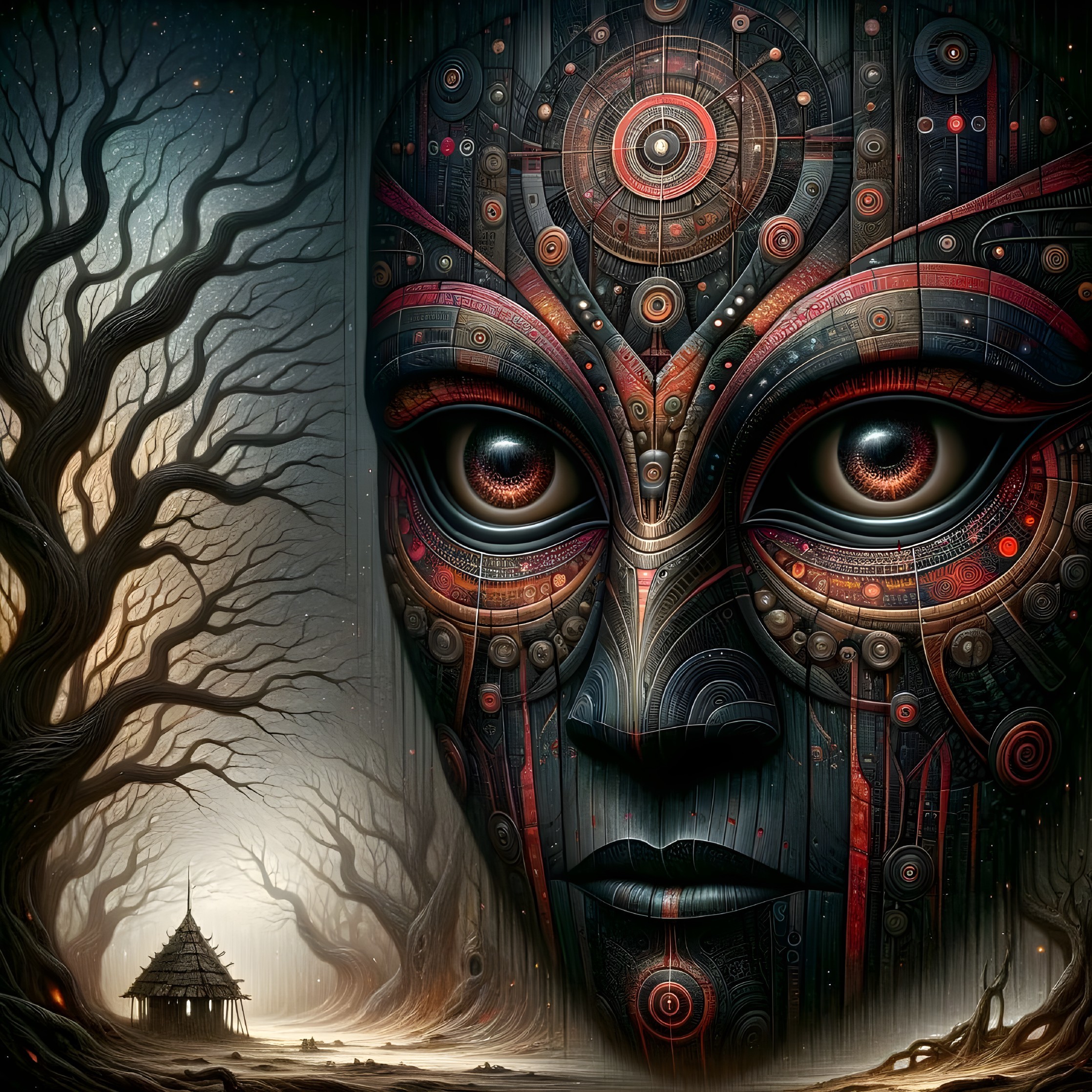 Intricate Mechanical Face in Dark Forest Setting