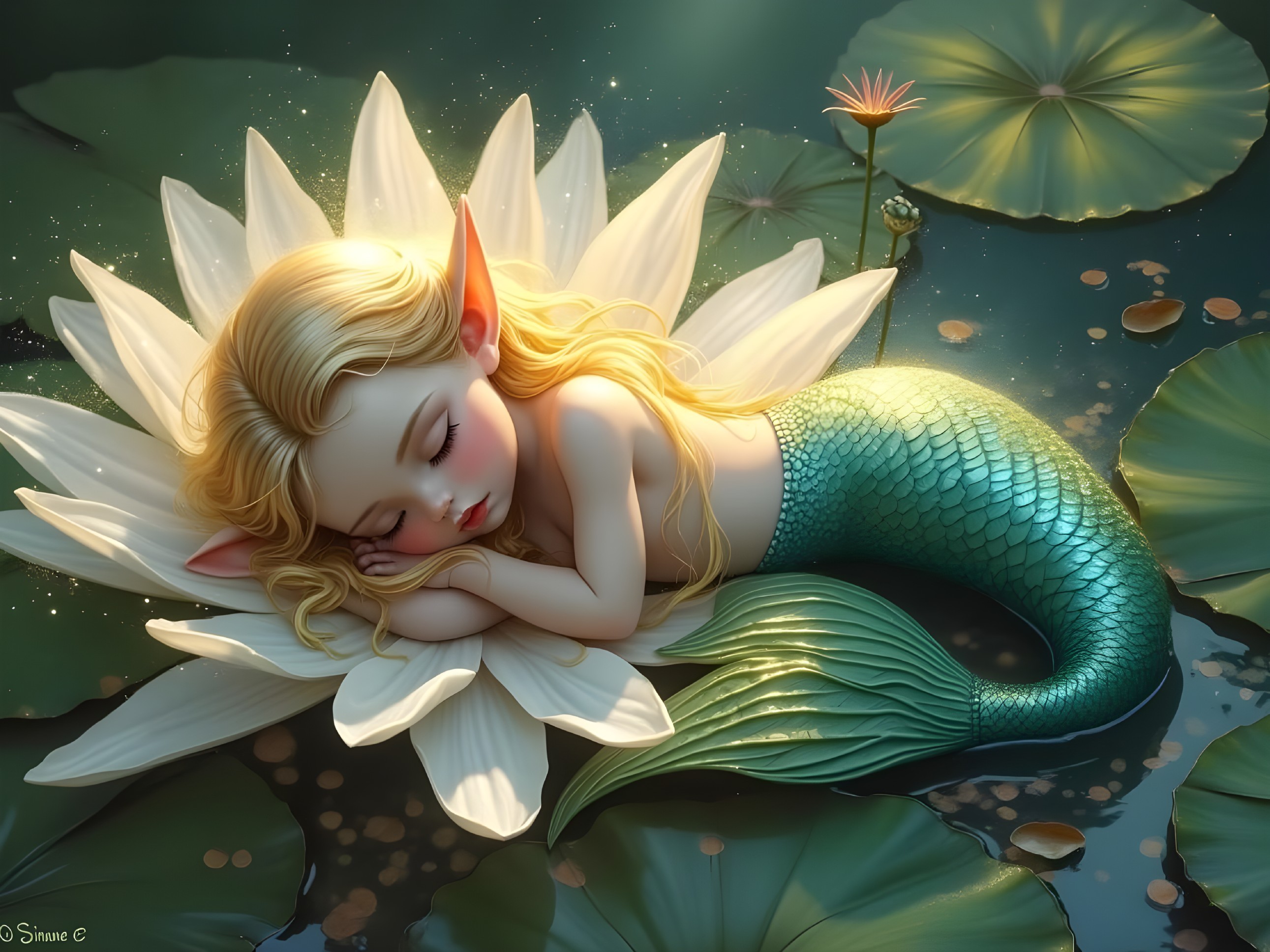 Sleeping Mermaid on a Water Lily in Tranquil Pond