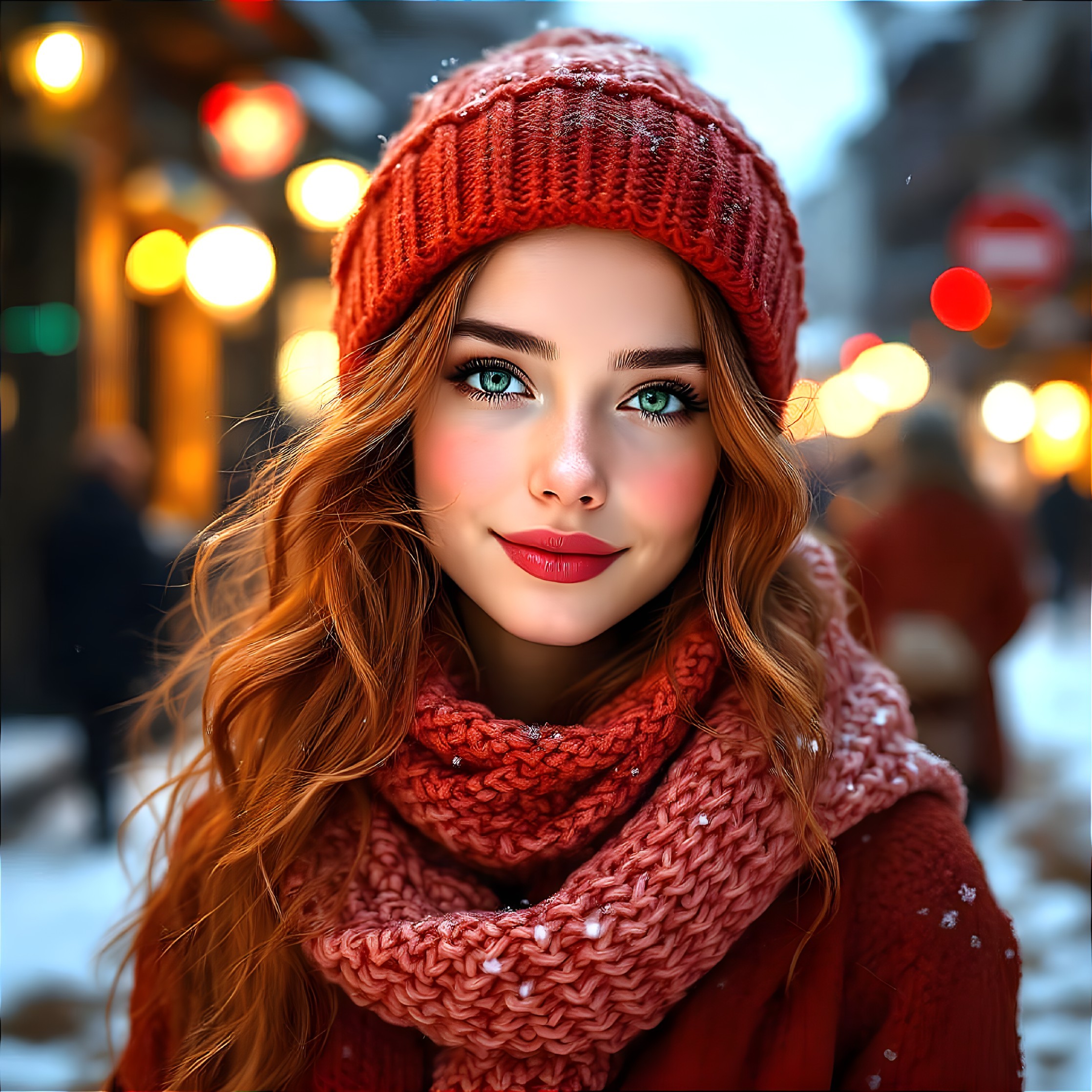 Young Woman in Snowy Street with Blue Eyes and Beanie