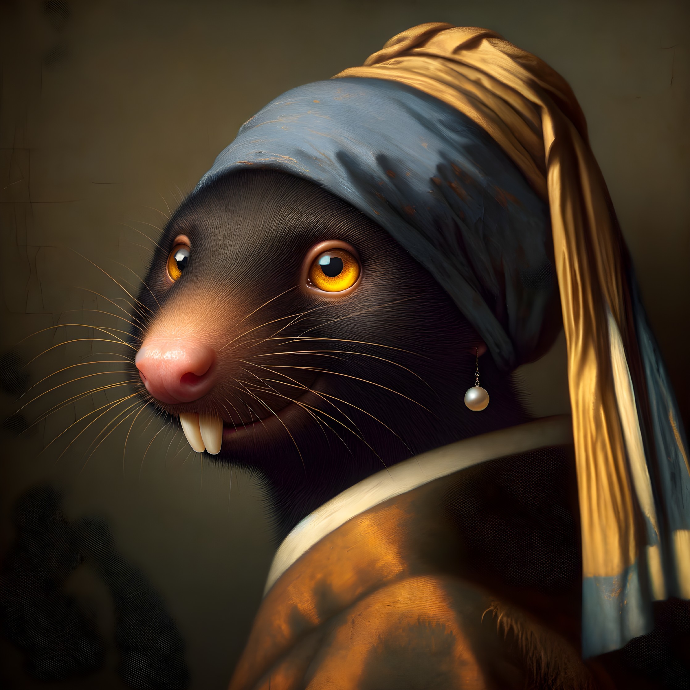 Whimsical Rodent Portrait in Blue Turban and Sash
