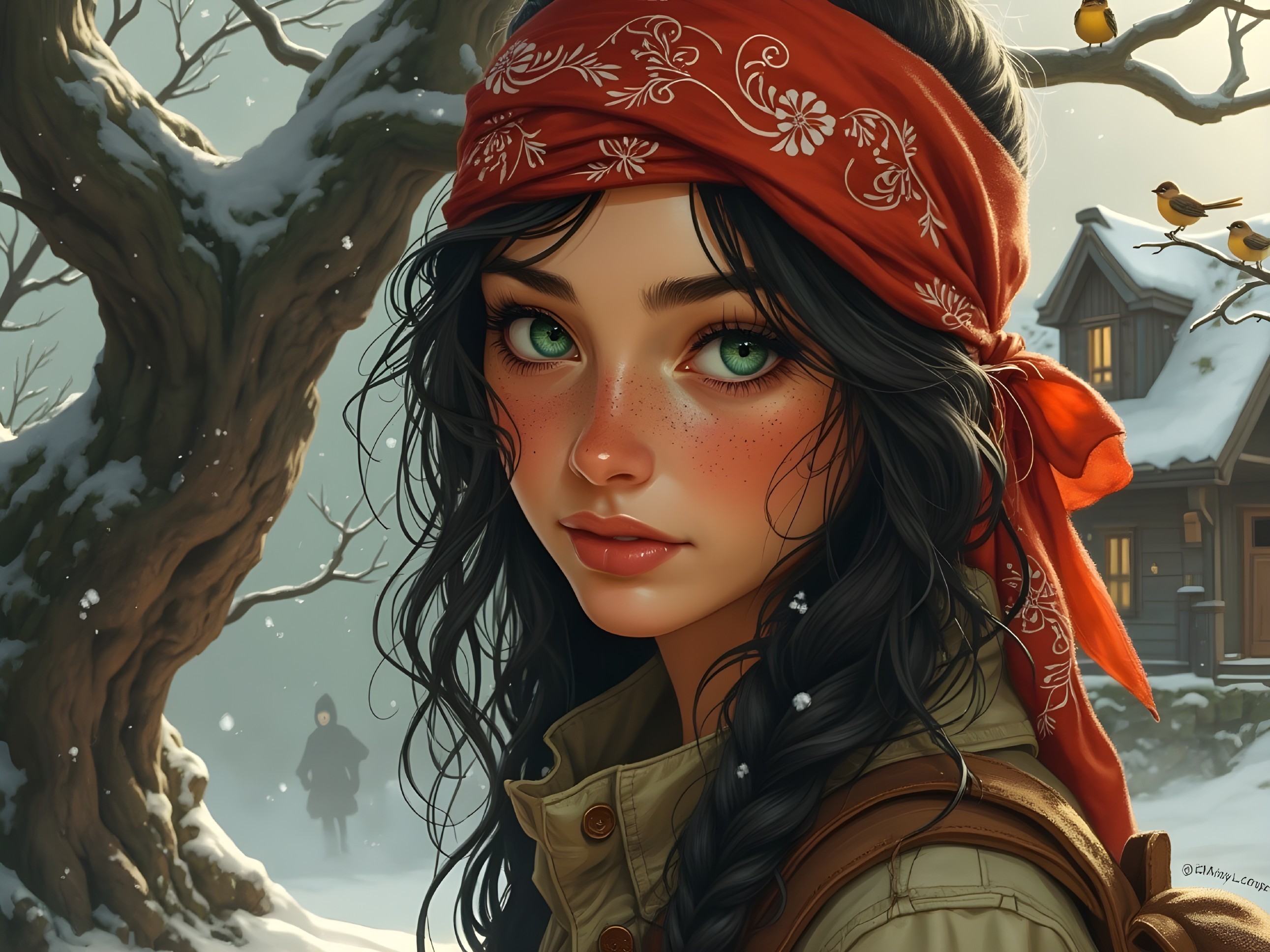 Young woman in snowy landscape with cabin and figure