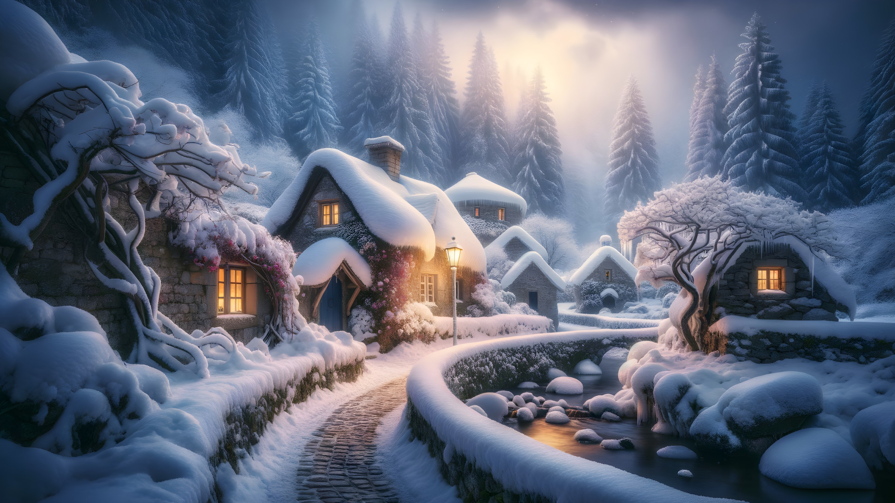 Winter Village Scene with Snow-Covered Cottages