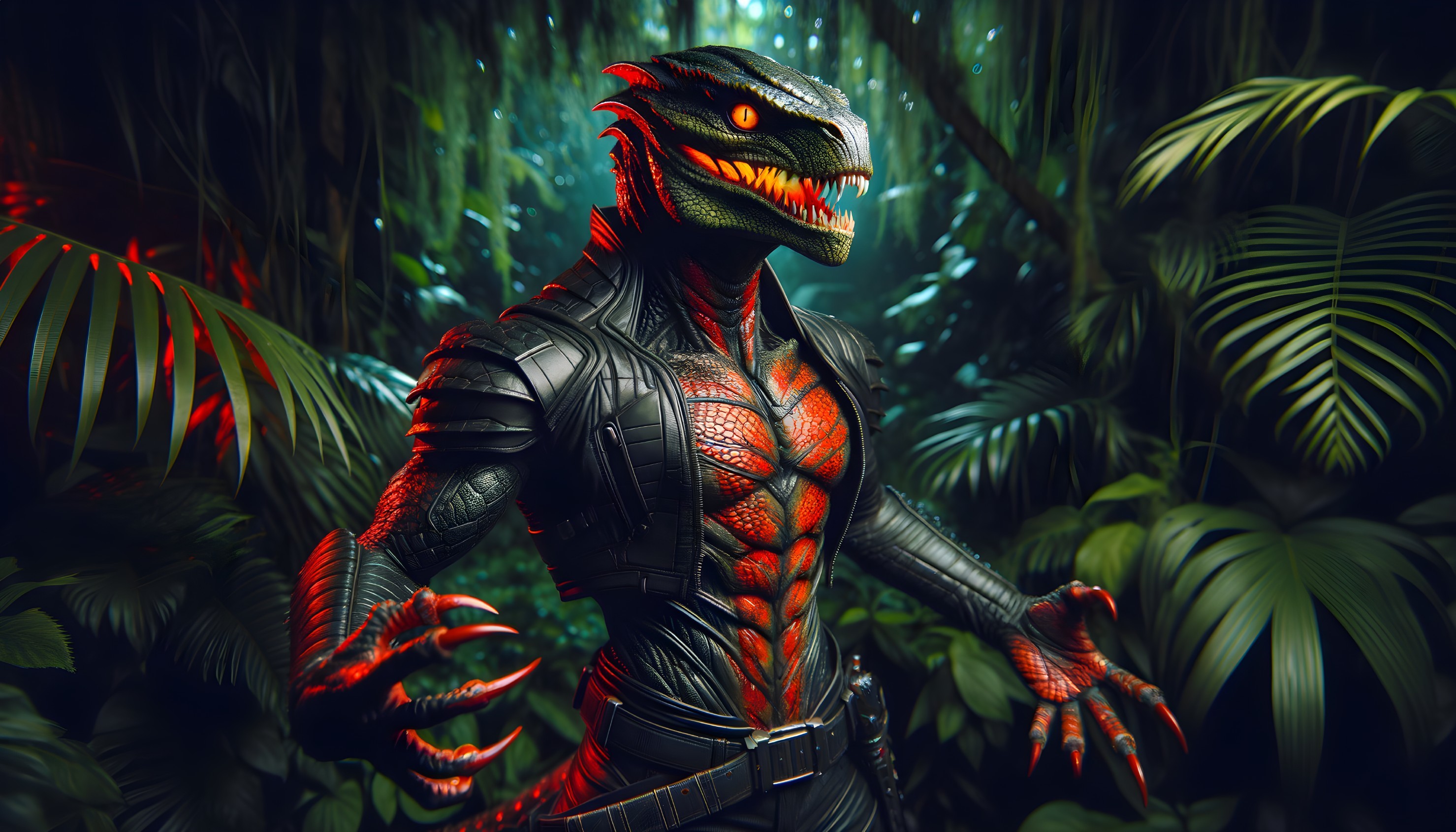 Muscular Lizard Creature in Dense Jungle Environment