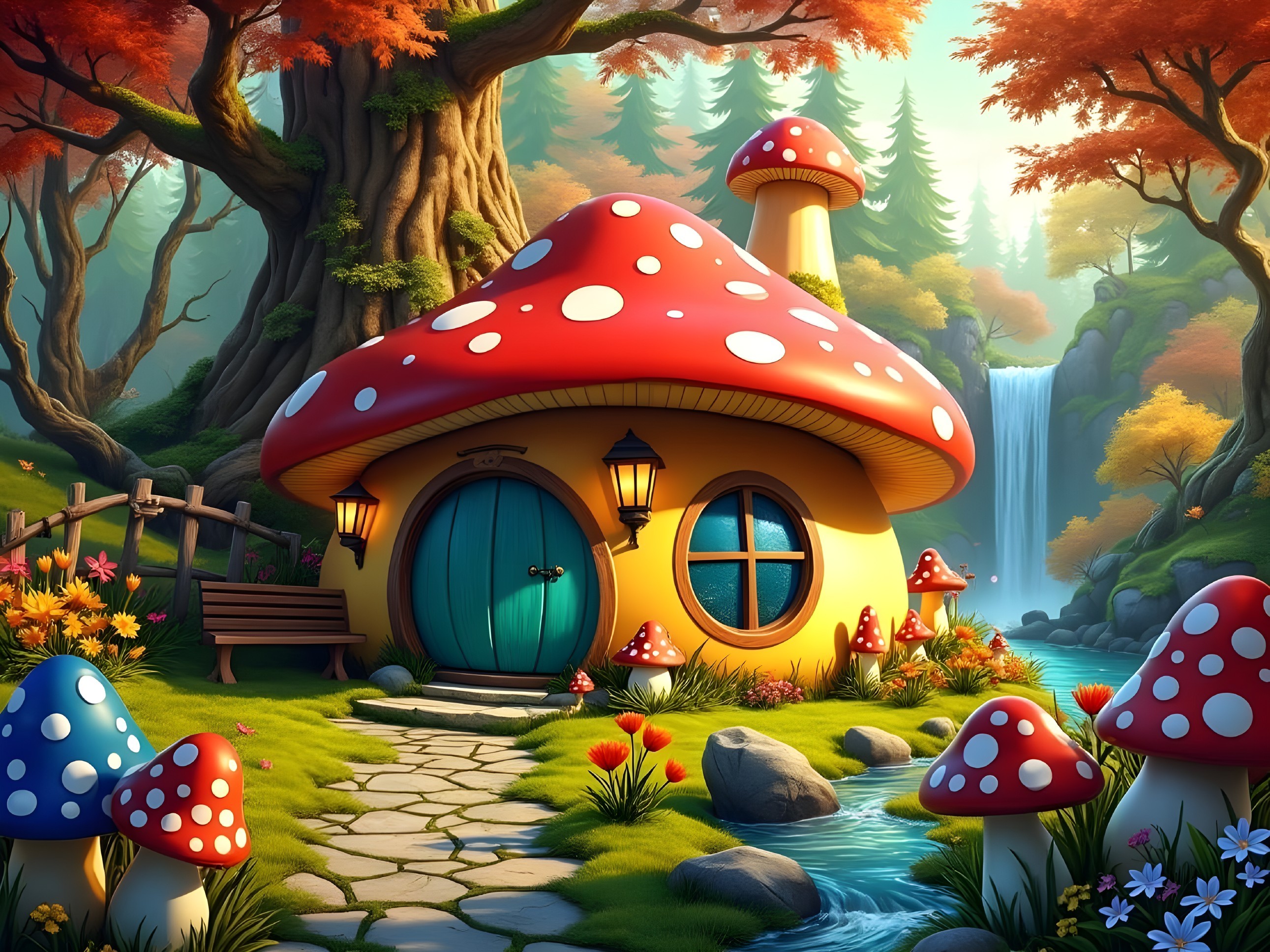 Mushroom-Shaped House in a Vibrant Forest Setting