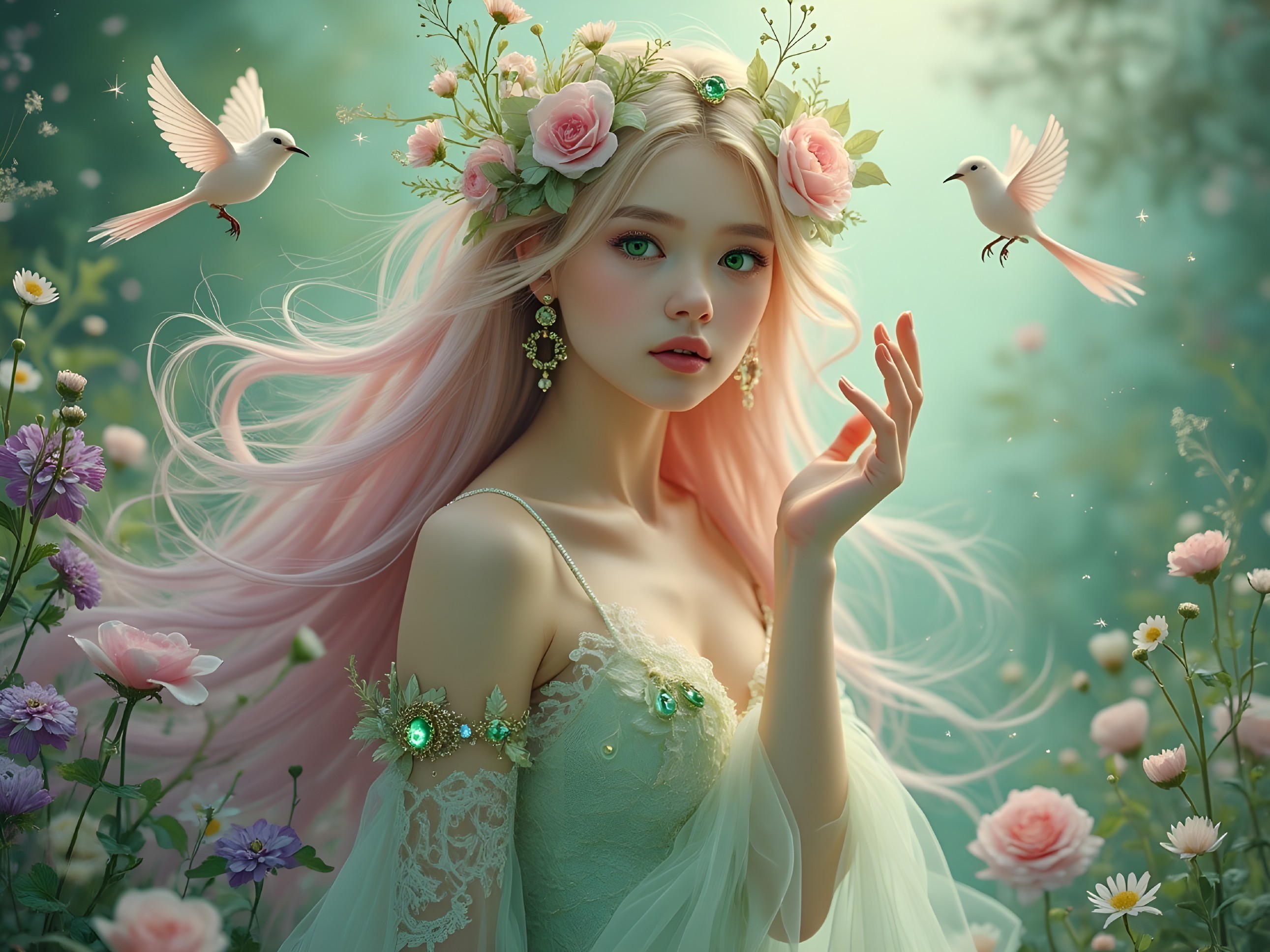 Serene young woman with pink hair in a floral setting