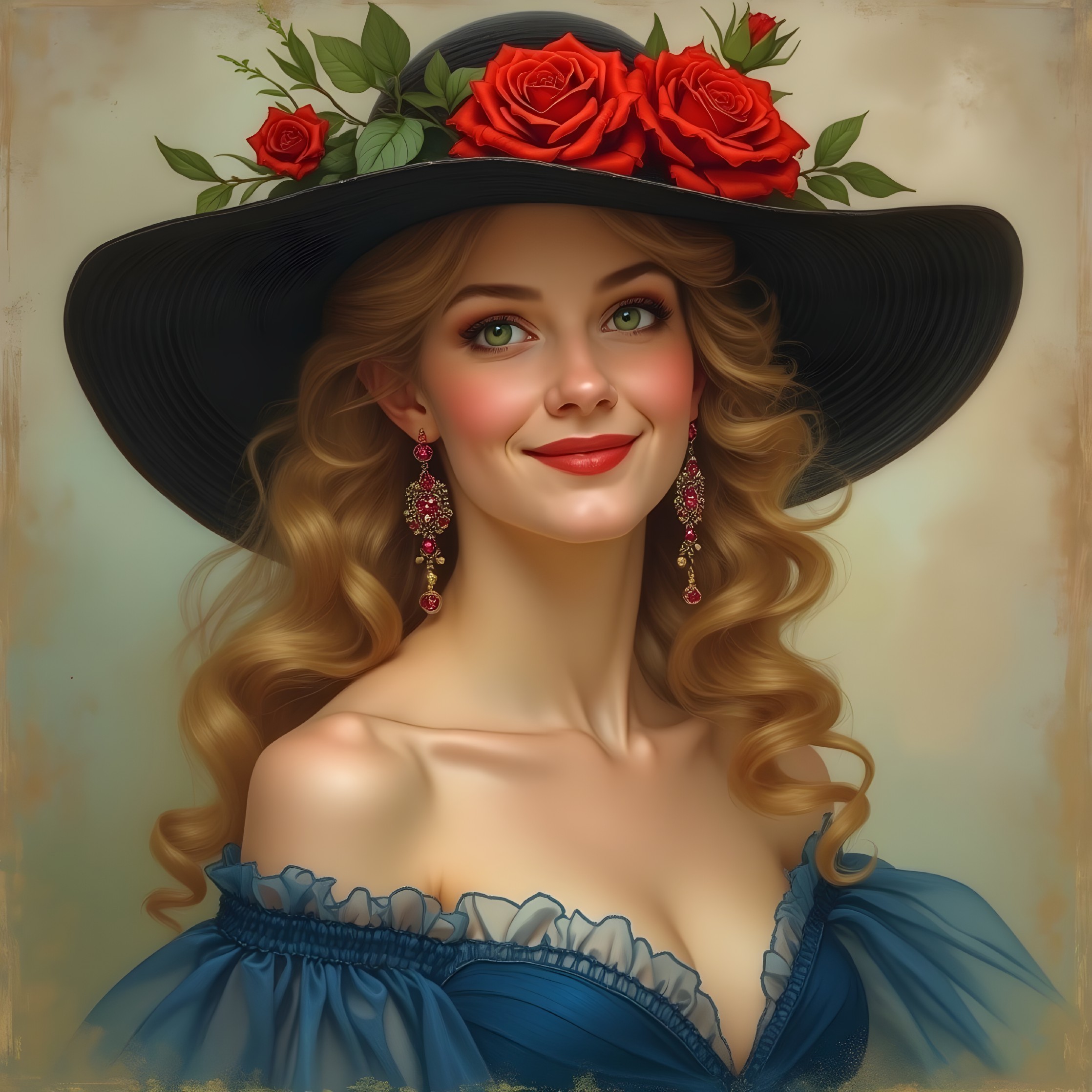 Portrait of a young woman with roses and elegant attire