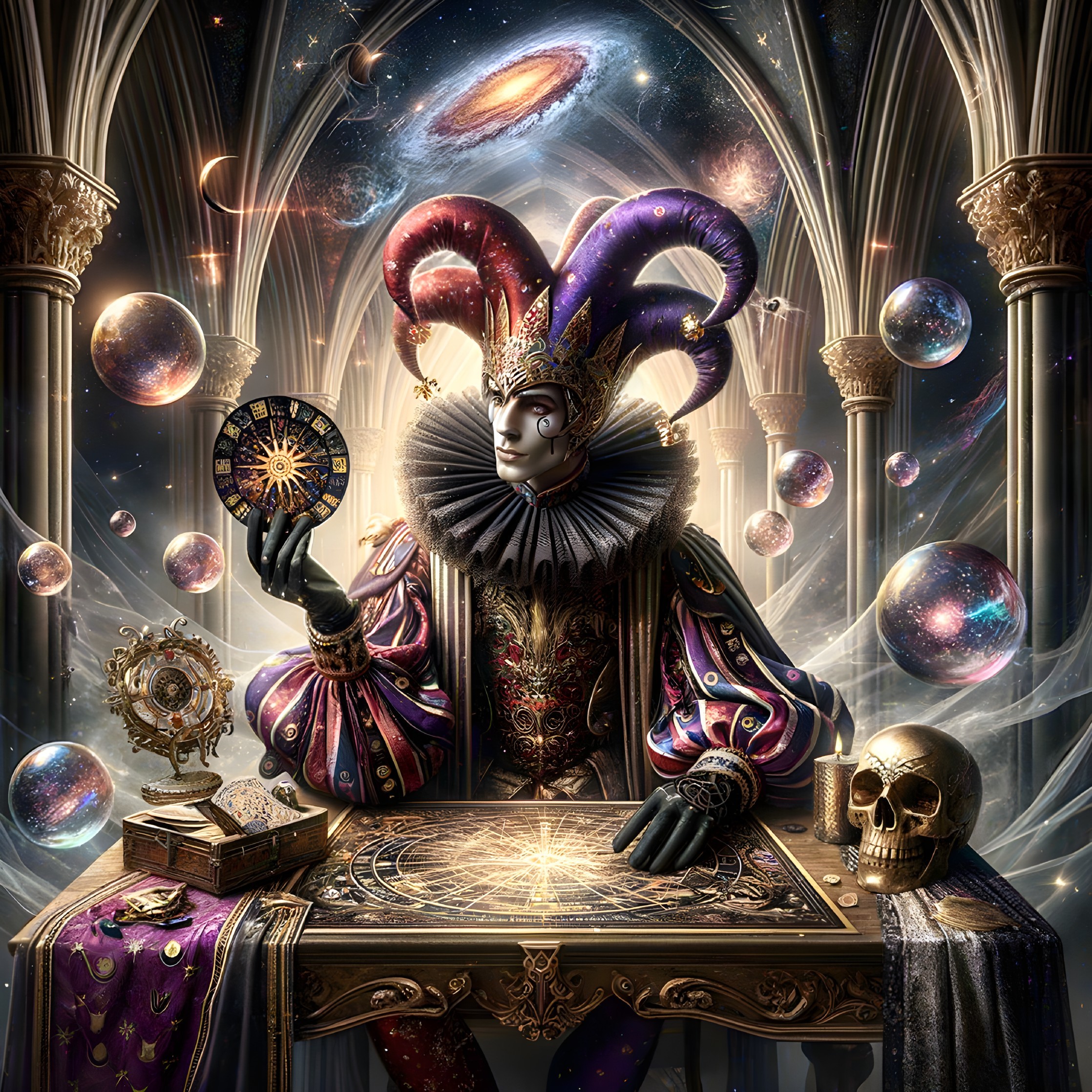 Regal Jester with Tarot Card in Mystical Setting