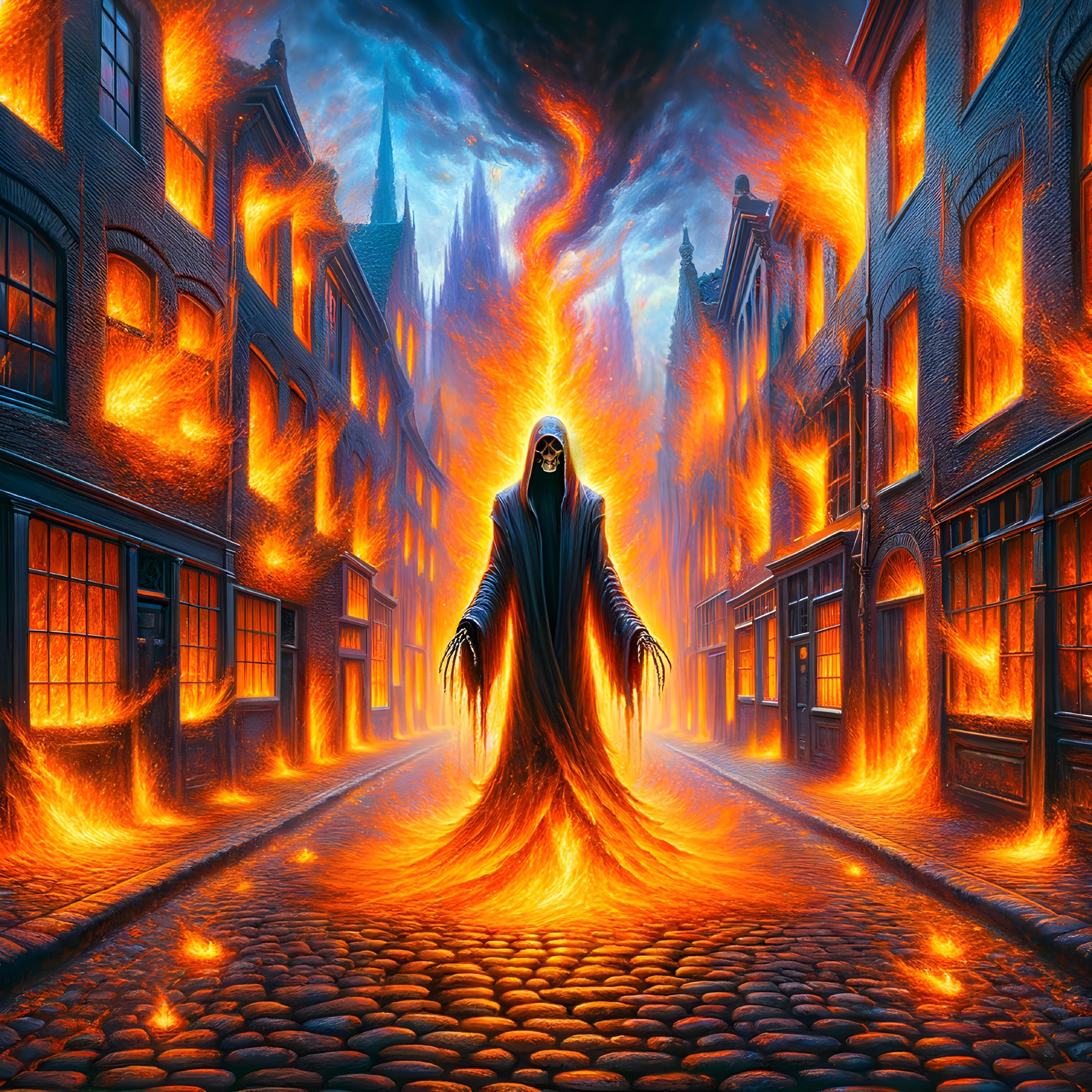 Ominous Figure with Fiery Tendrils on Cobblestone Street