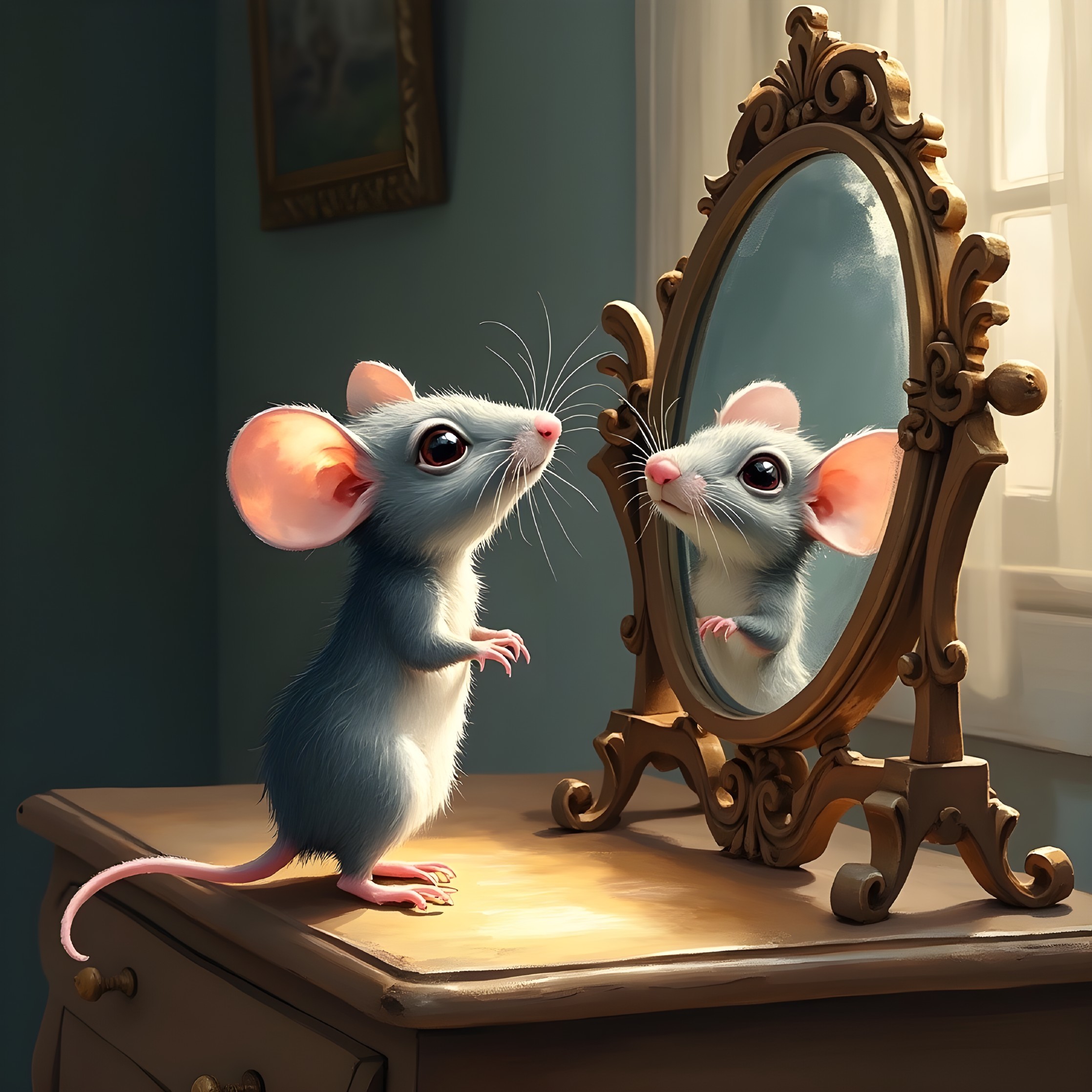 Curious Mouse Gazing at Reflection in Vintage Mirror