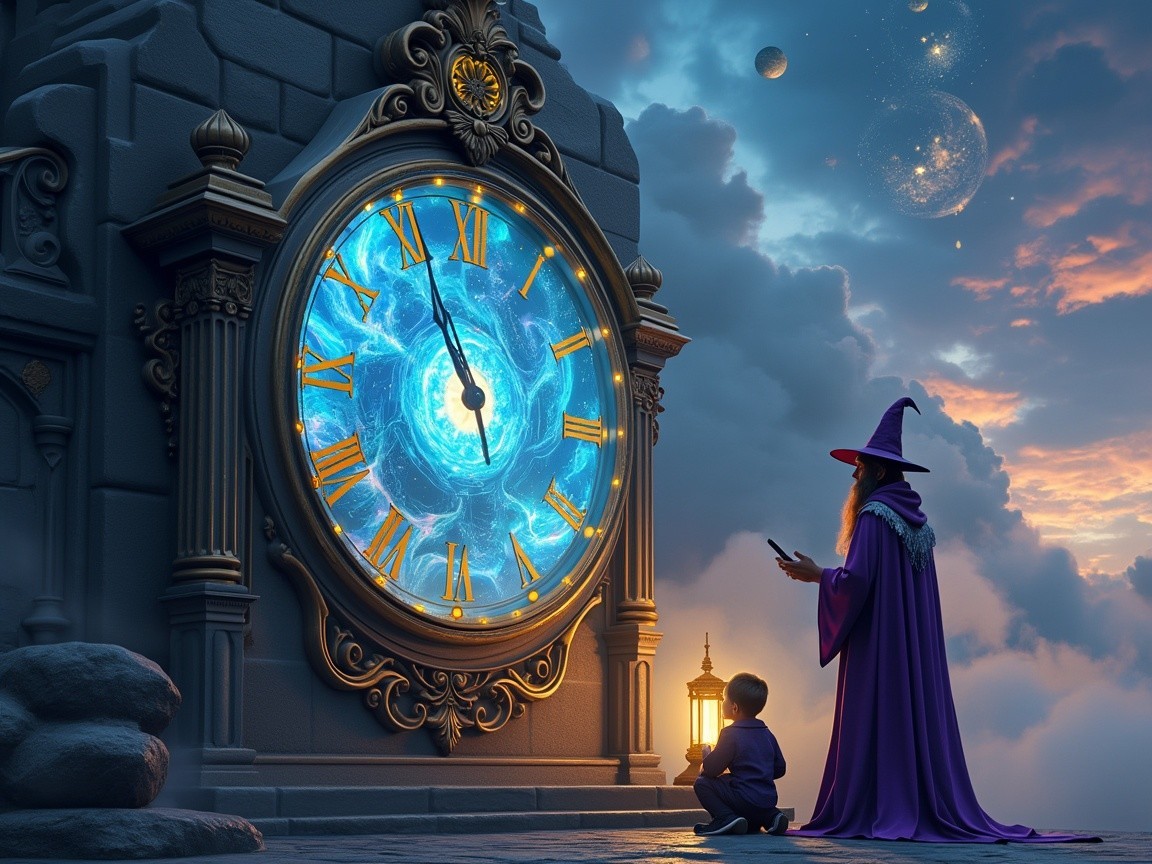 Majestic clock in mystical landscape with wizard and child