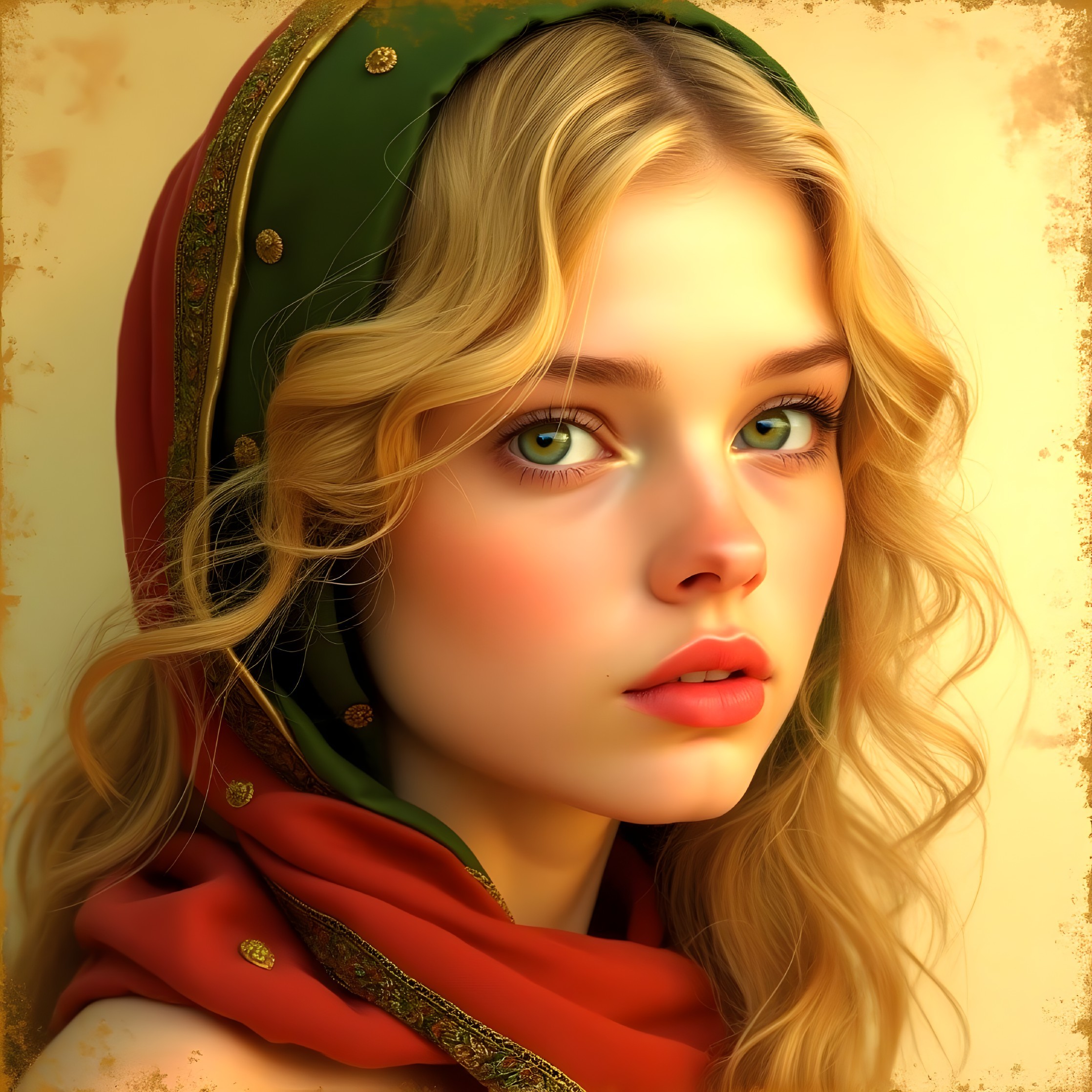 Young woman with blonde hair and green eyes in shawl