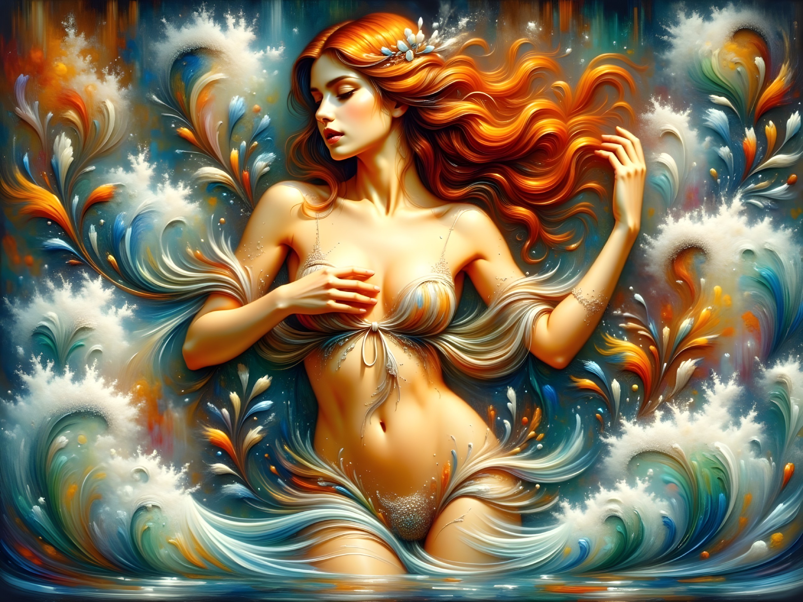 Woman with Red Hair Amidst Colorful Water Waves