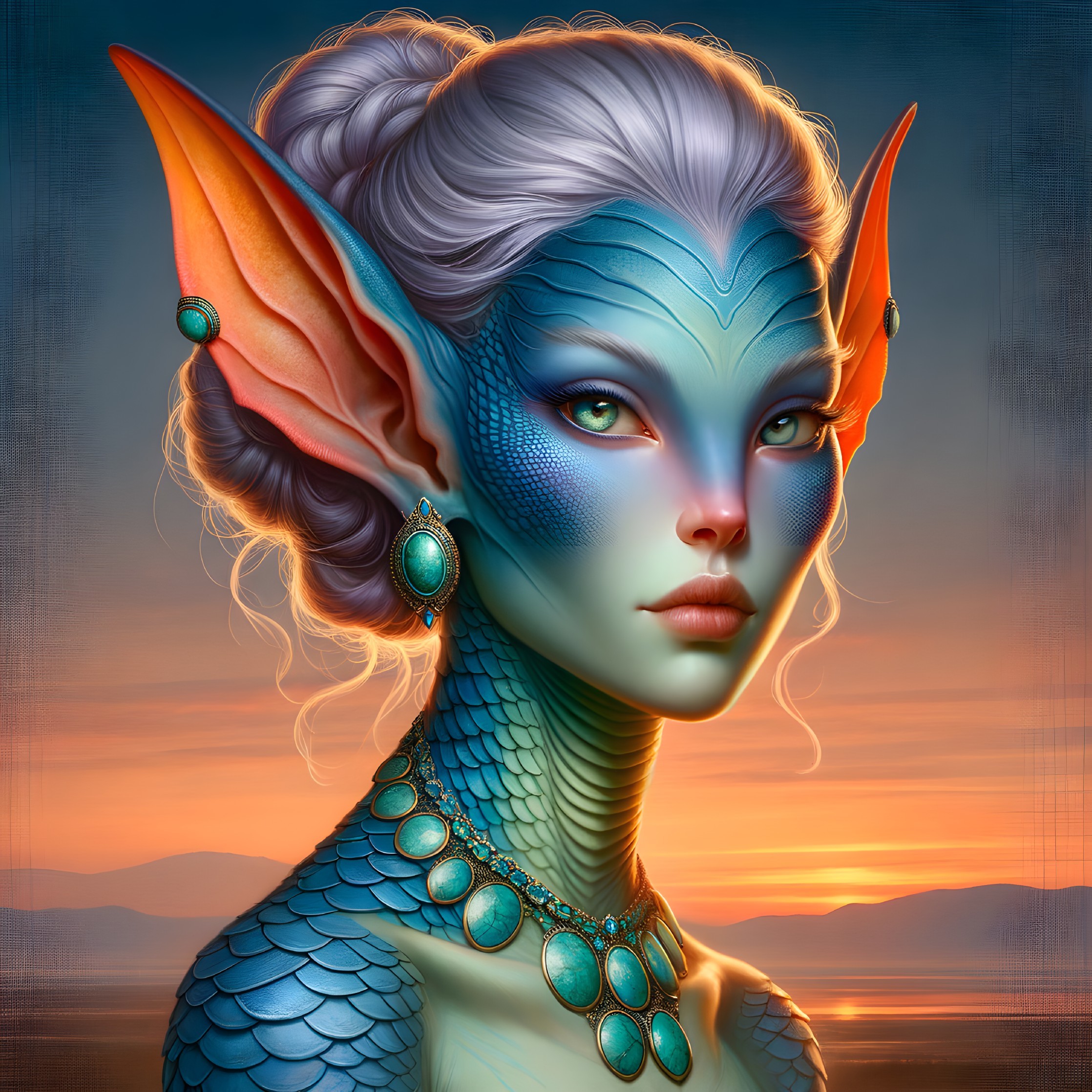 Humanoid Figure with Blue-Green Skin and Elegant Features