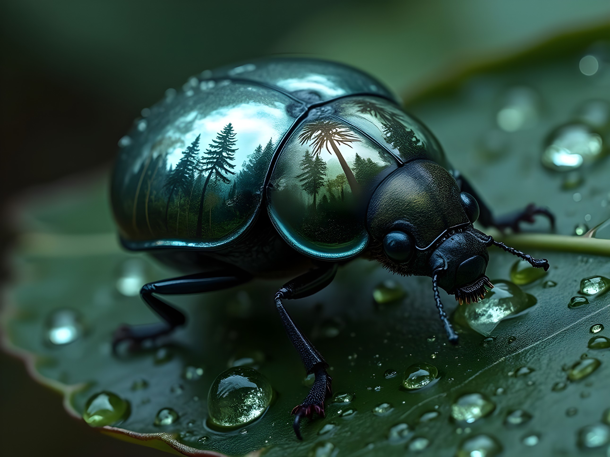 Close-up of an iridescent beetle on a green leaf