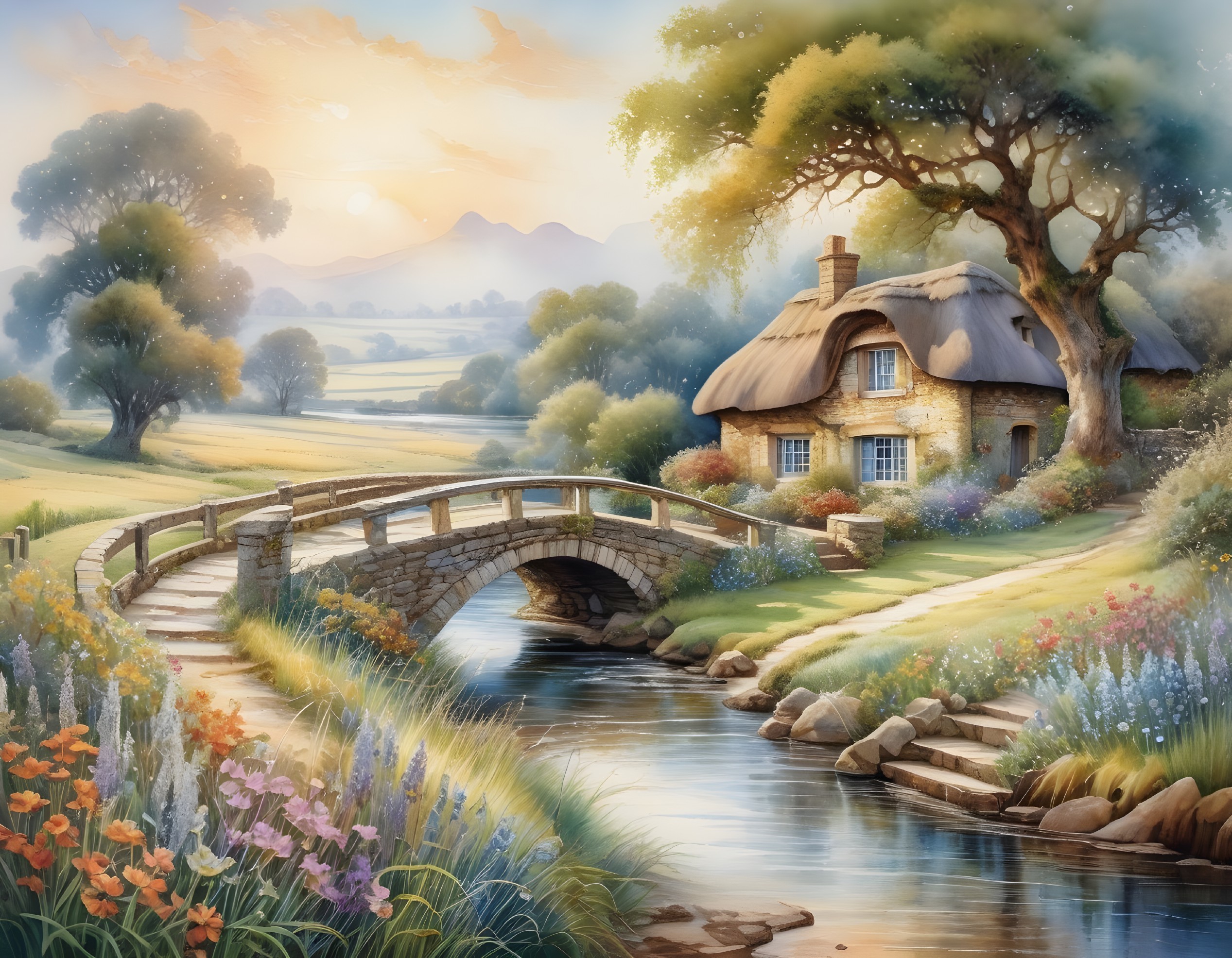 Tranquil countryside scene with thatched cottage, stone bridge, lush greenery, and soft sunset