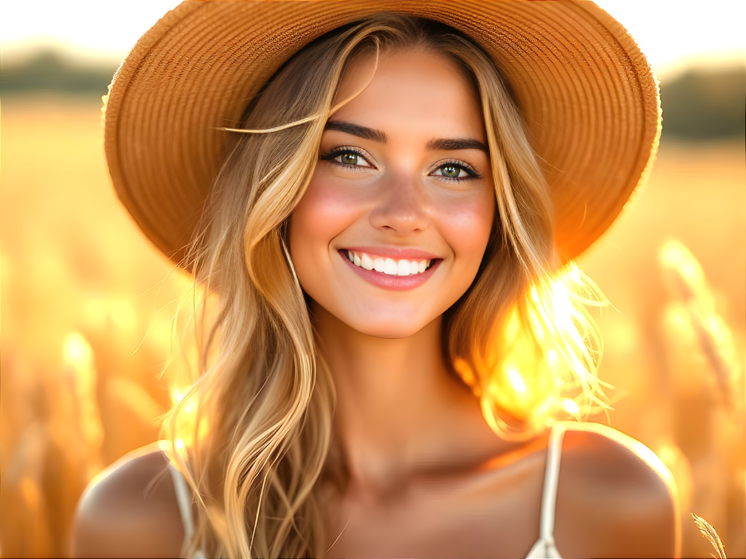 Young woman in straw hat smiles in sunlit wheat field