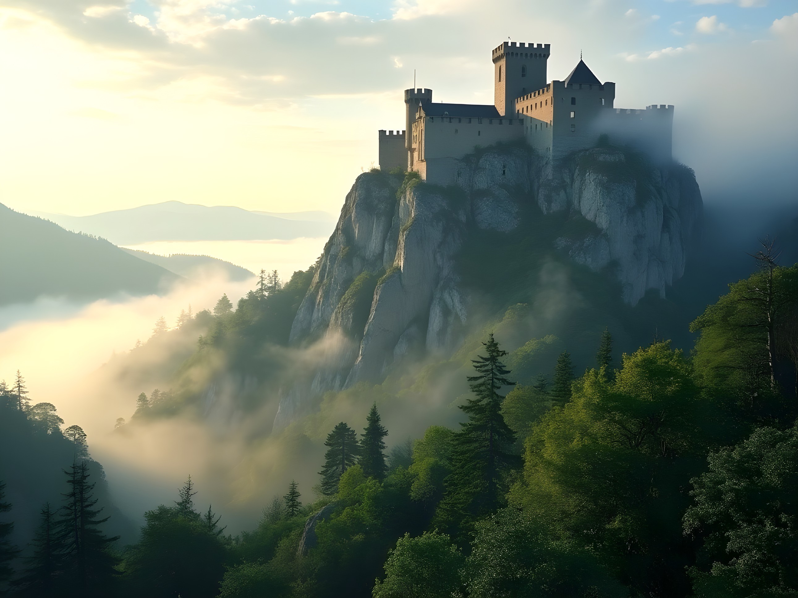Castle on Rocky Cliff Overlooking Lush Landscape