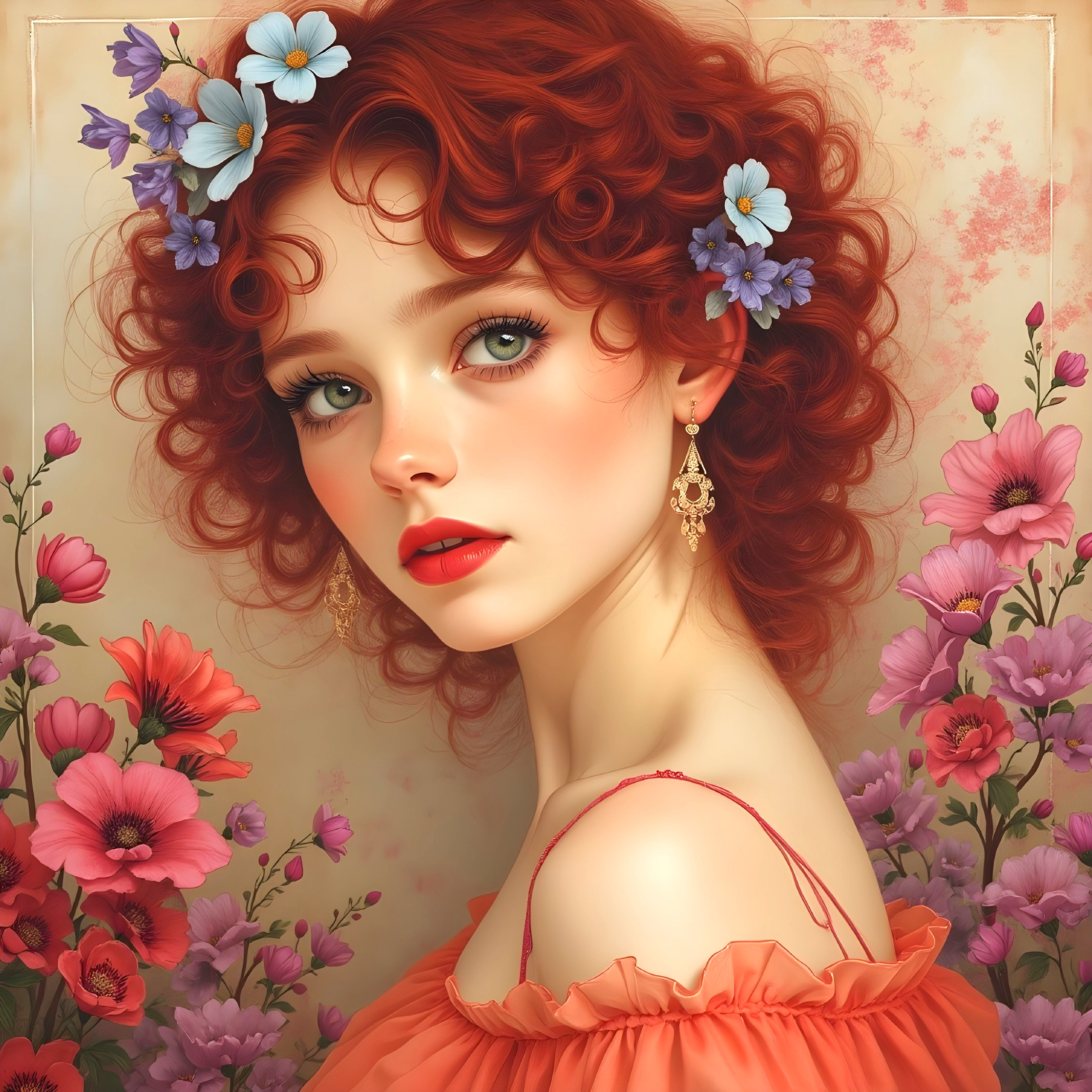 Young woman with red curls and floral decorations