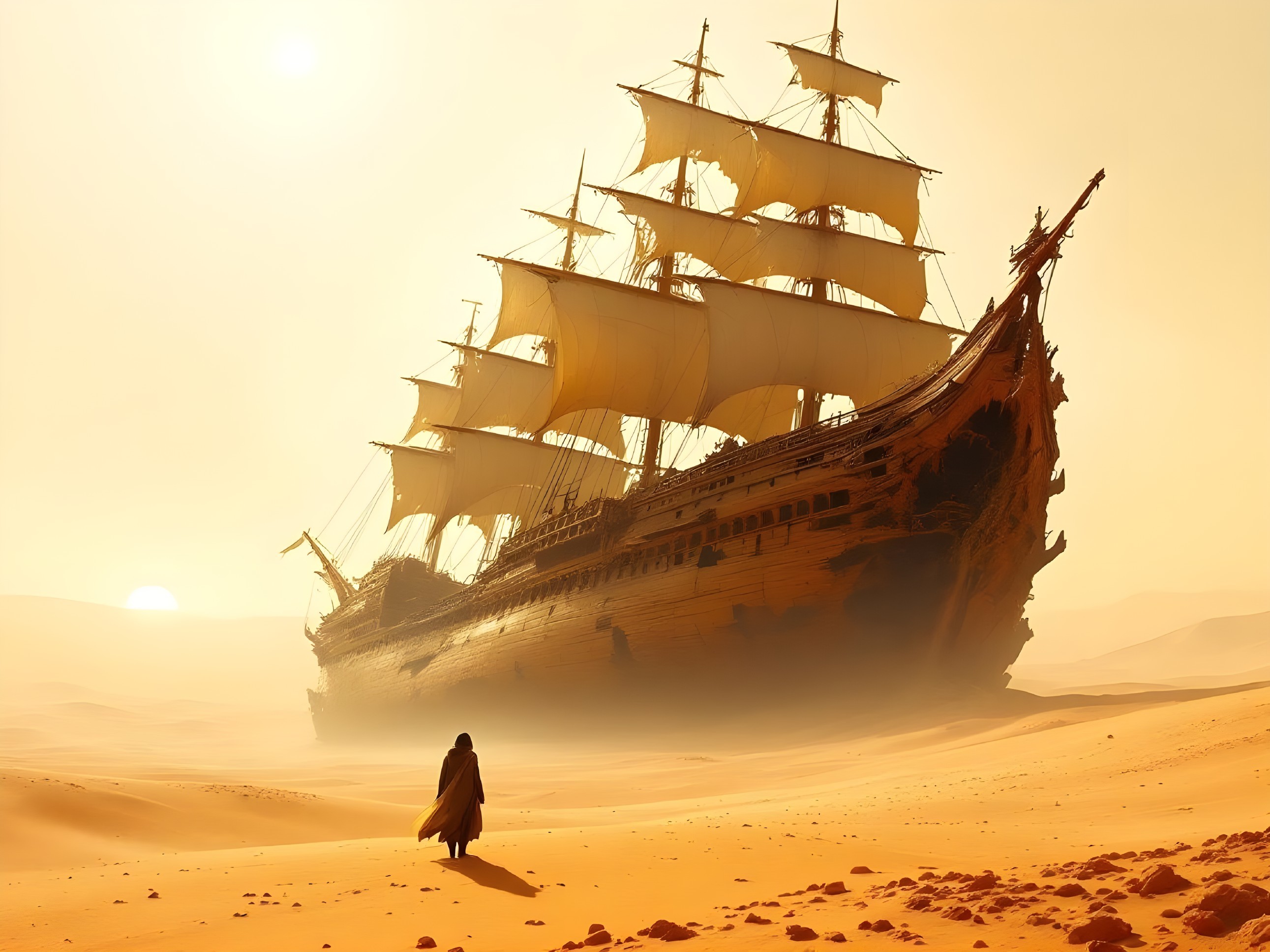 Sailing Ship in Desert Landscape with Cloaked Figure