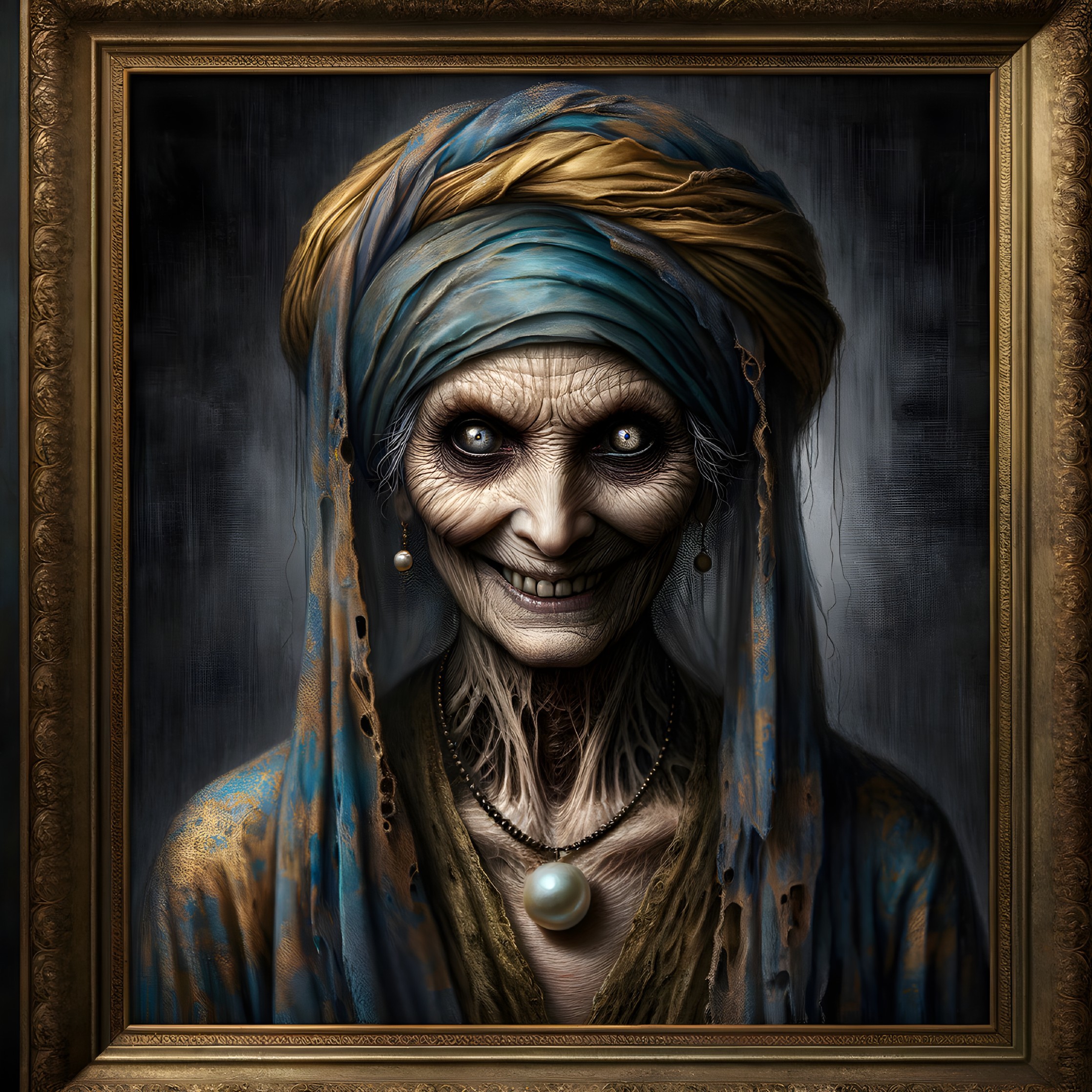 Elderly Figure in Blue and Gold Turban with Pearl Necklace