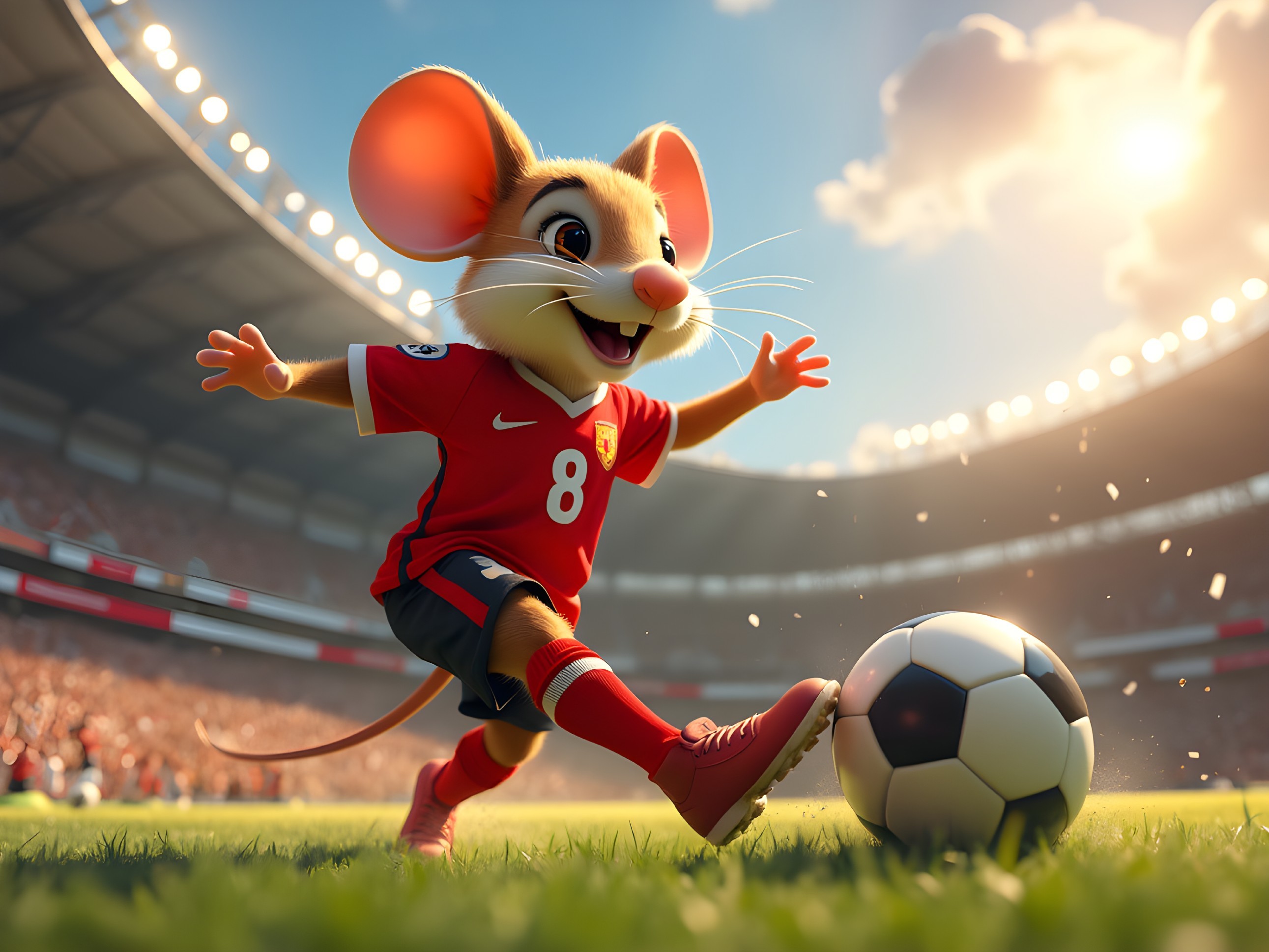 Cartoon Mouse in Red Jersey Dribbling Soccer Ball