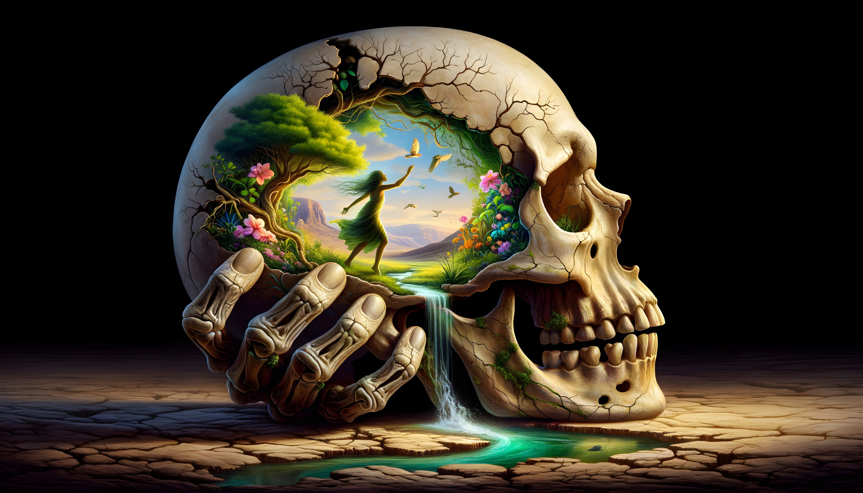 Cracked Skull with Vibrant Scene Inside and Skeletal Hand