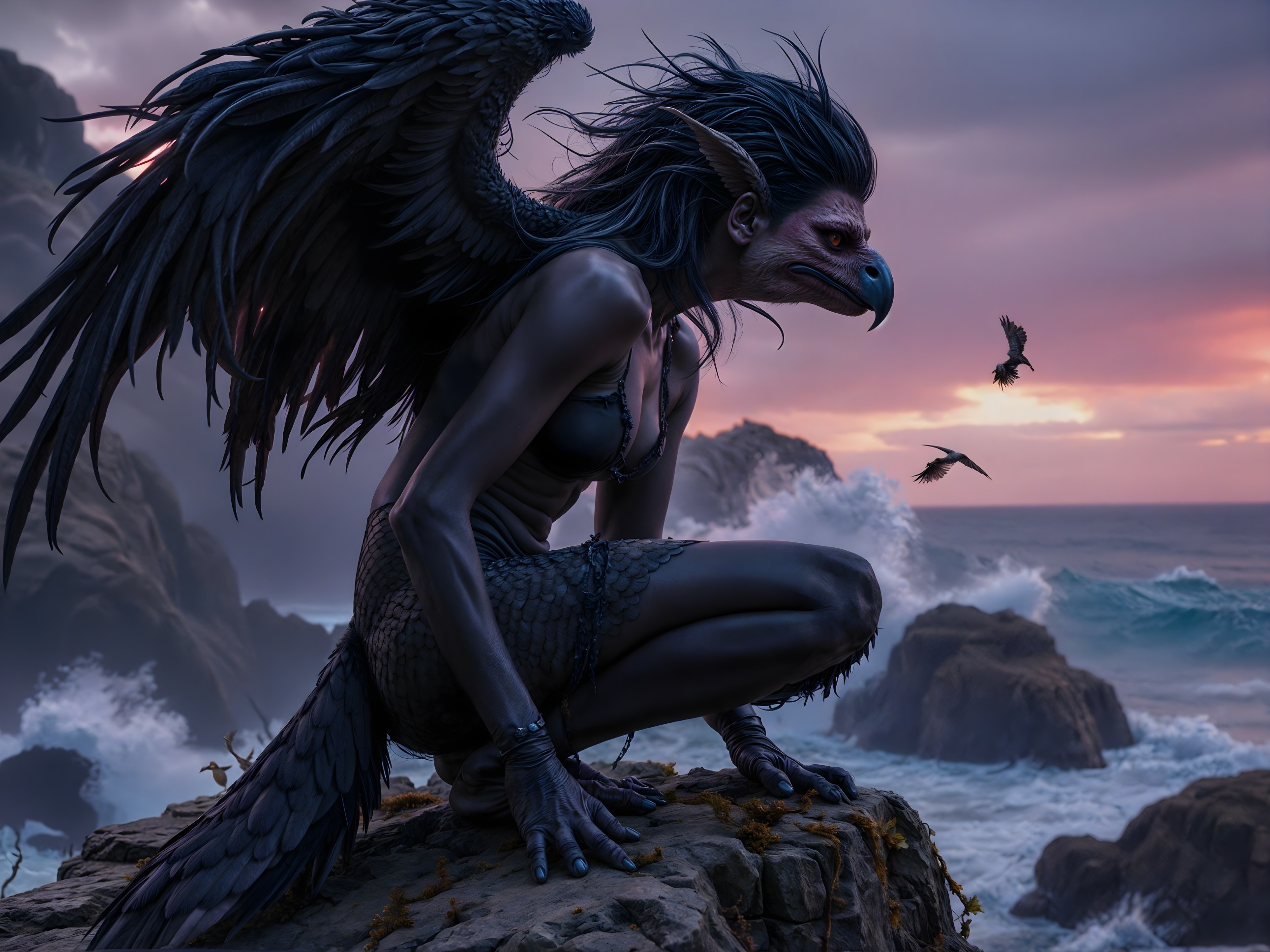 Mythical creature with bird features by the ocean