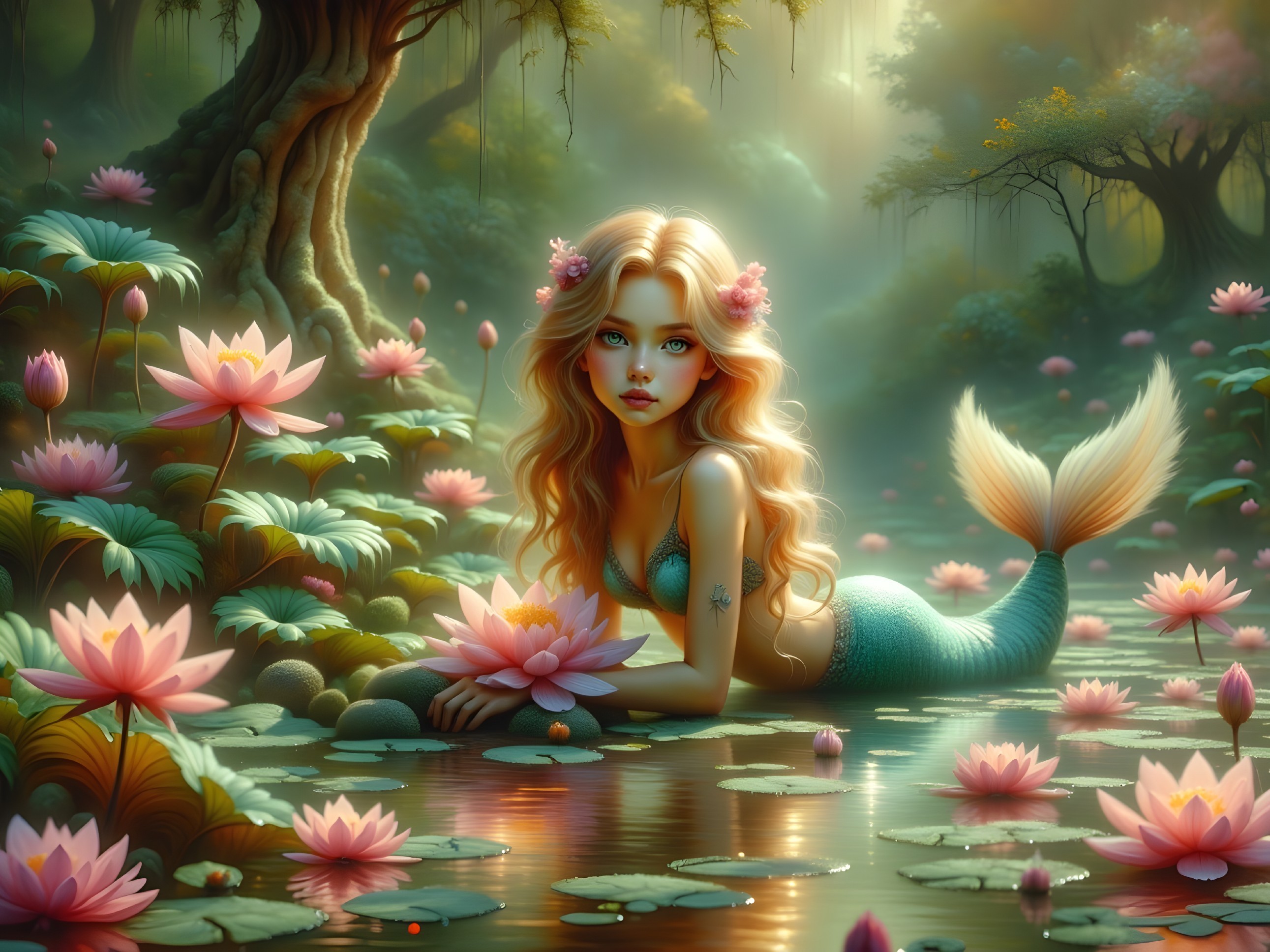 Mermaid in Enchanted Forest with Water Lilies