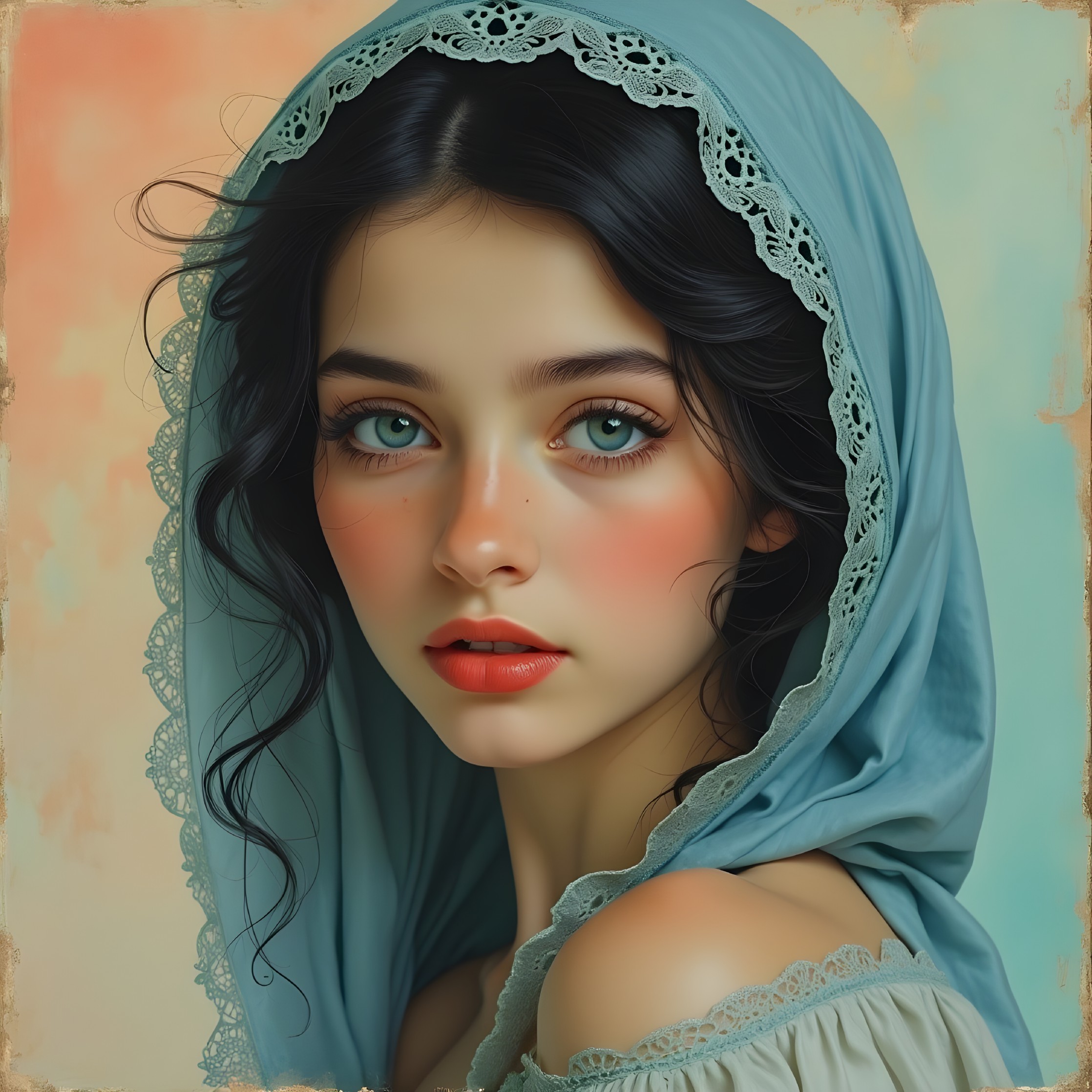 Young woman with blue eyes in soft pastel background
