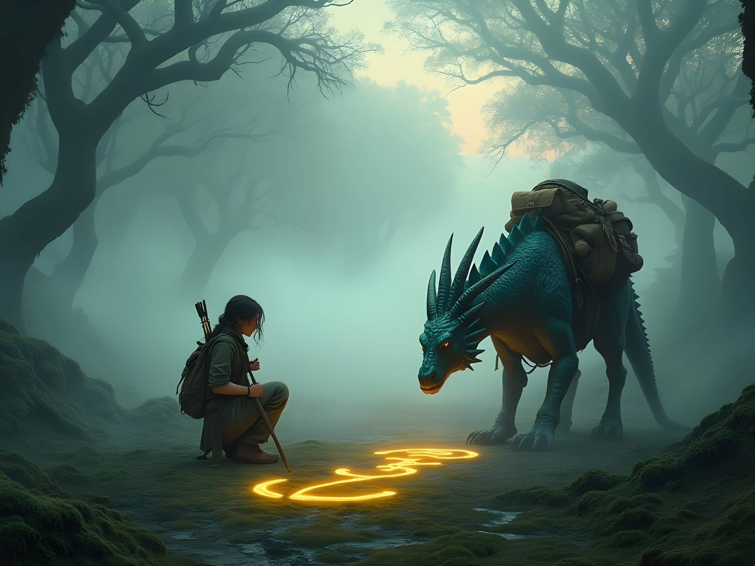 Young Adventurer and Azure Dragon in Enchanted Forest