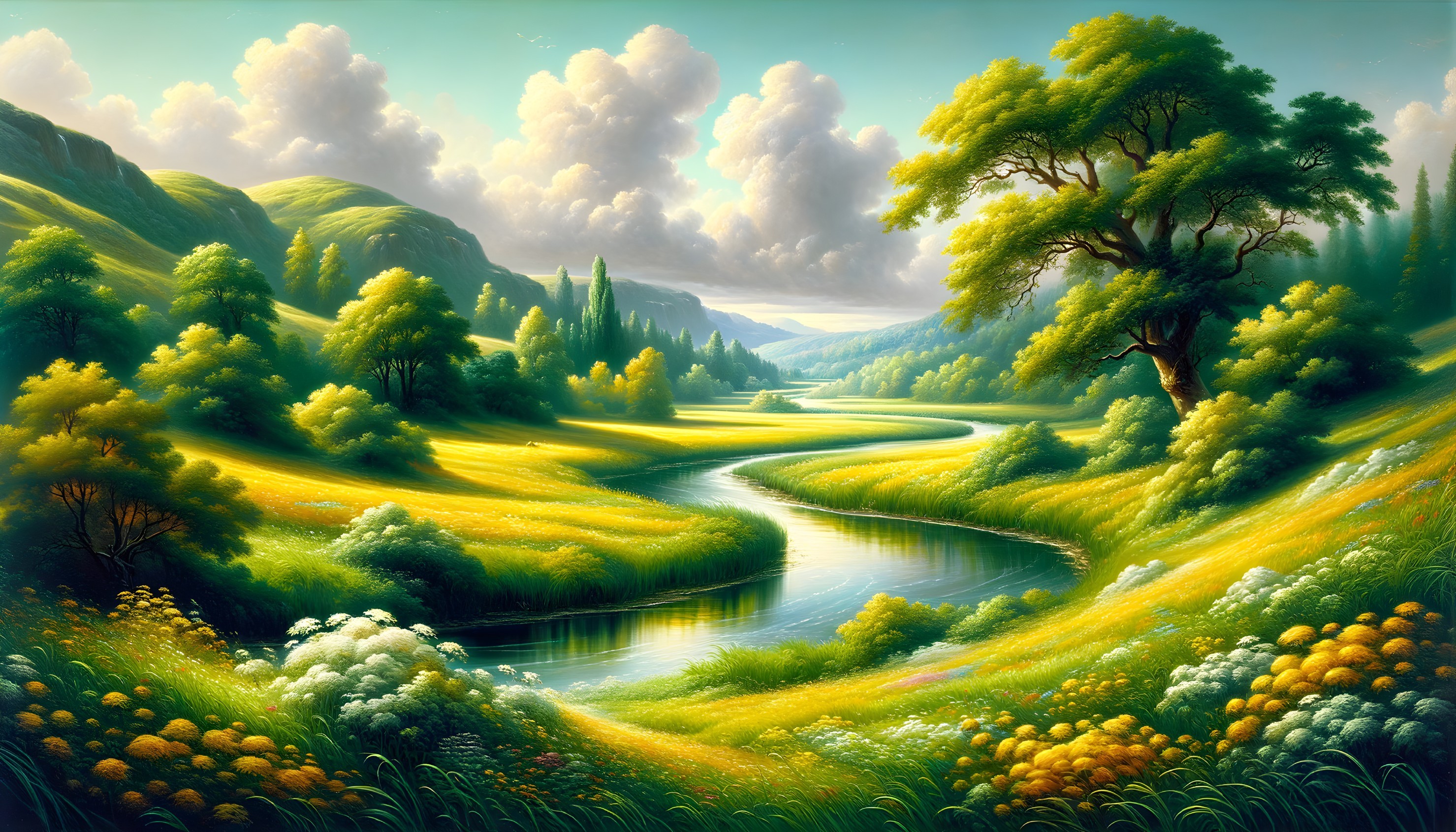 Serene Landscape of Green Hills and Winding River