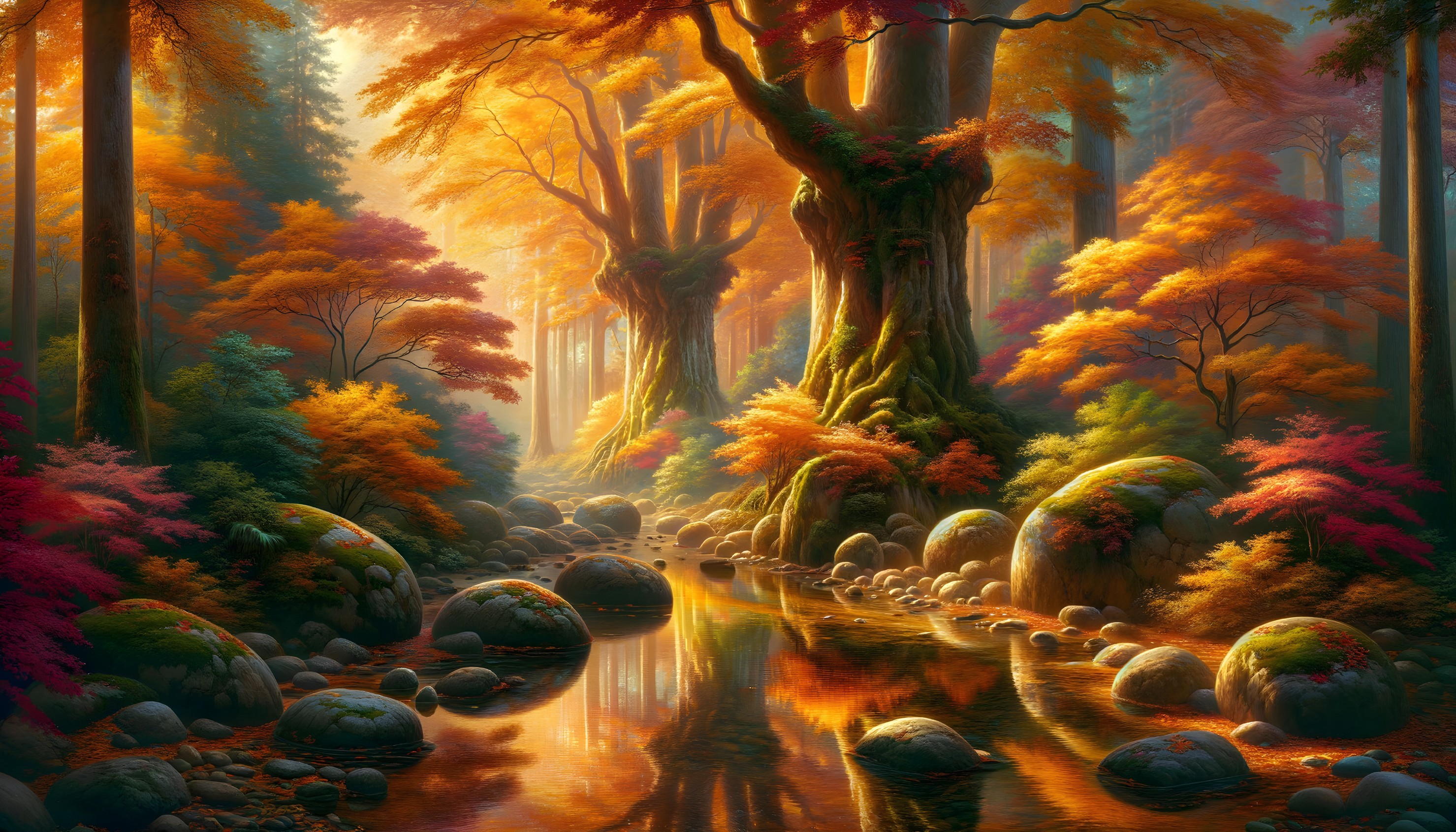 Autumn Forest Scene with Colorful Foliage and Stream