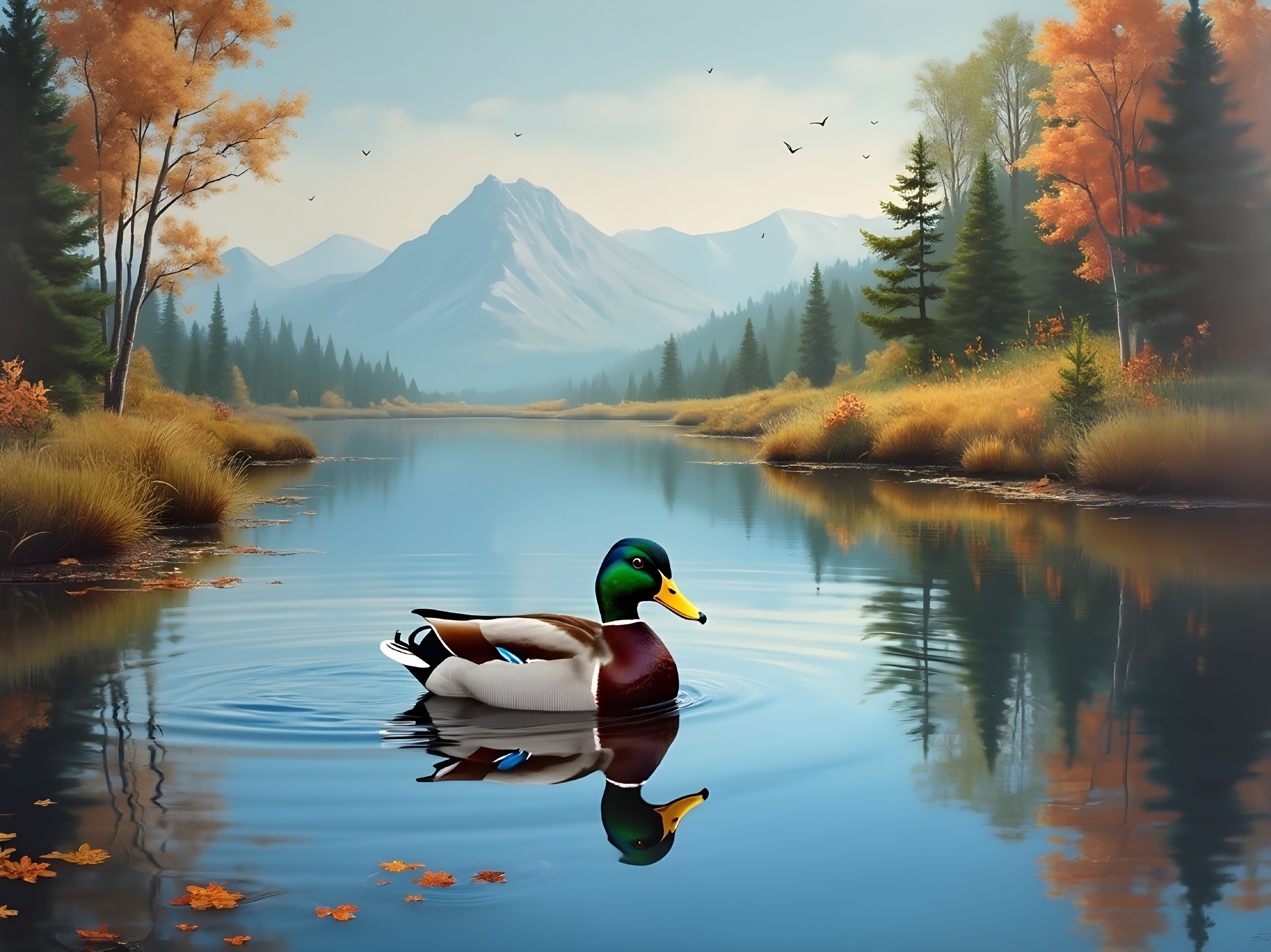 Colorful Mallard Duck on Serene Autumn Lake
